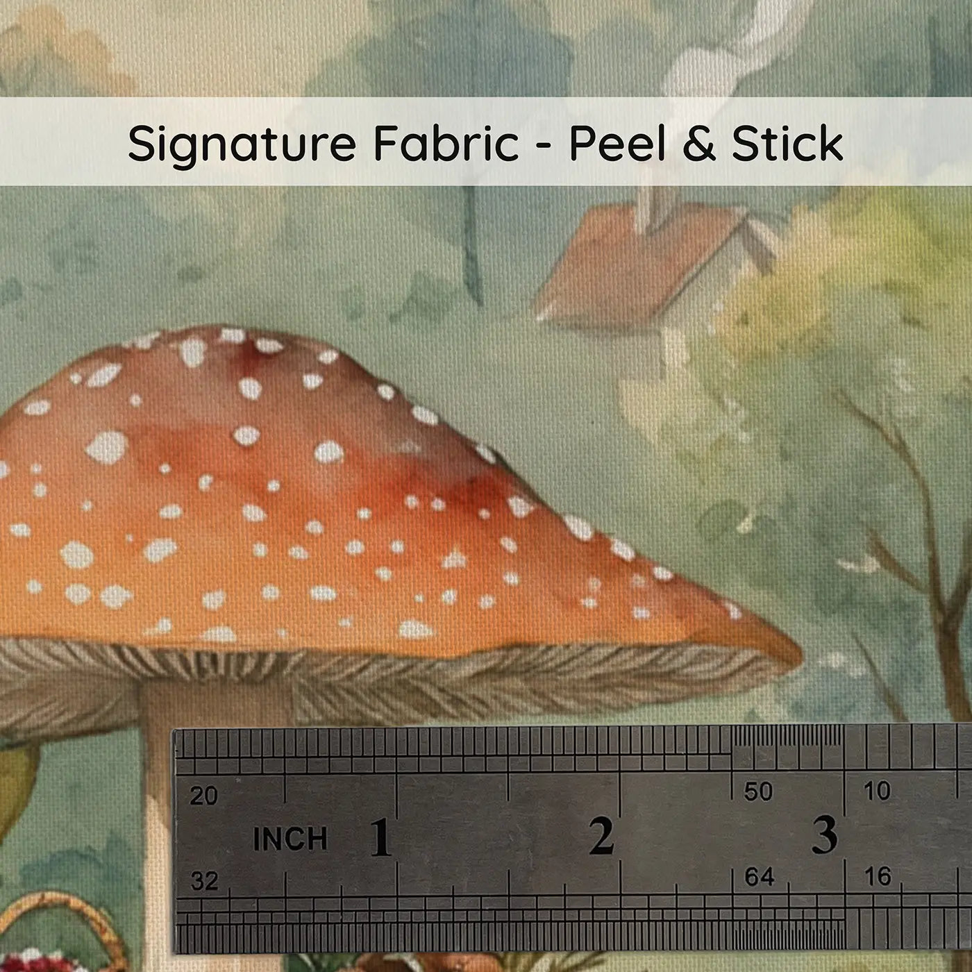 Fabric texture close-up of Mushroom Market Morning Wallpaper Mural by Whimsy Tots