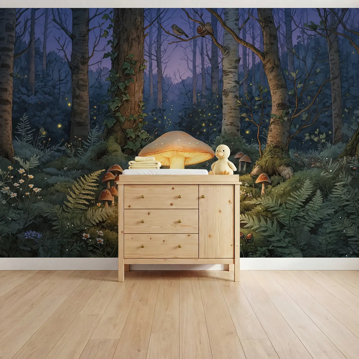 Storybook glowing mushroom lanterns twilight forest path wallpaper mural for nursery by Whimsy Tots