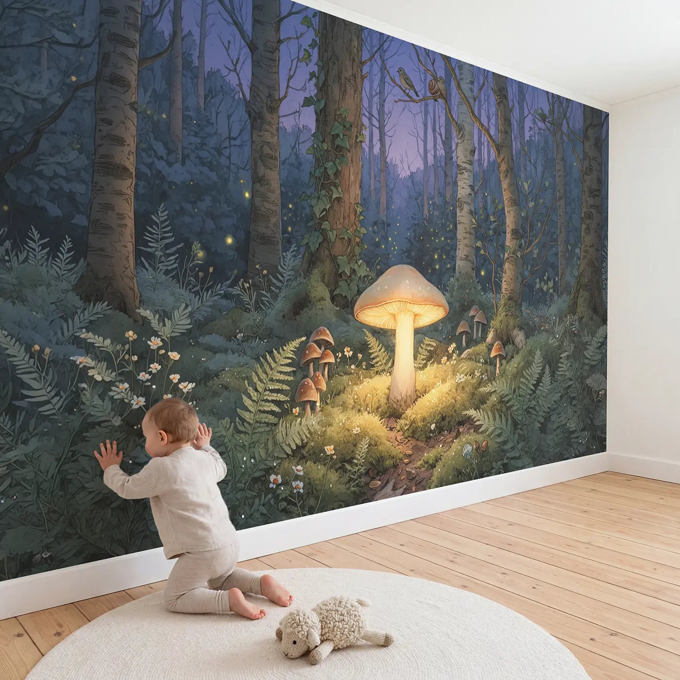 Child in nursery with Twilight Mushroom Lantern Wallpaper Mural by Whimsy Tots
