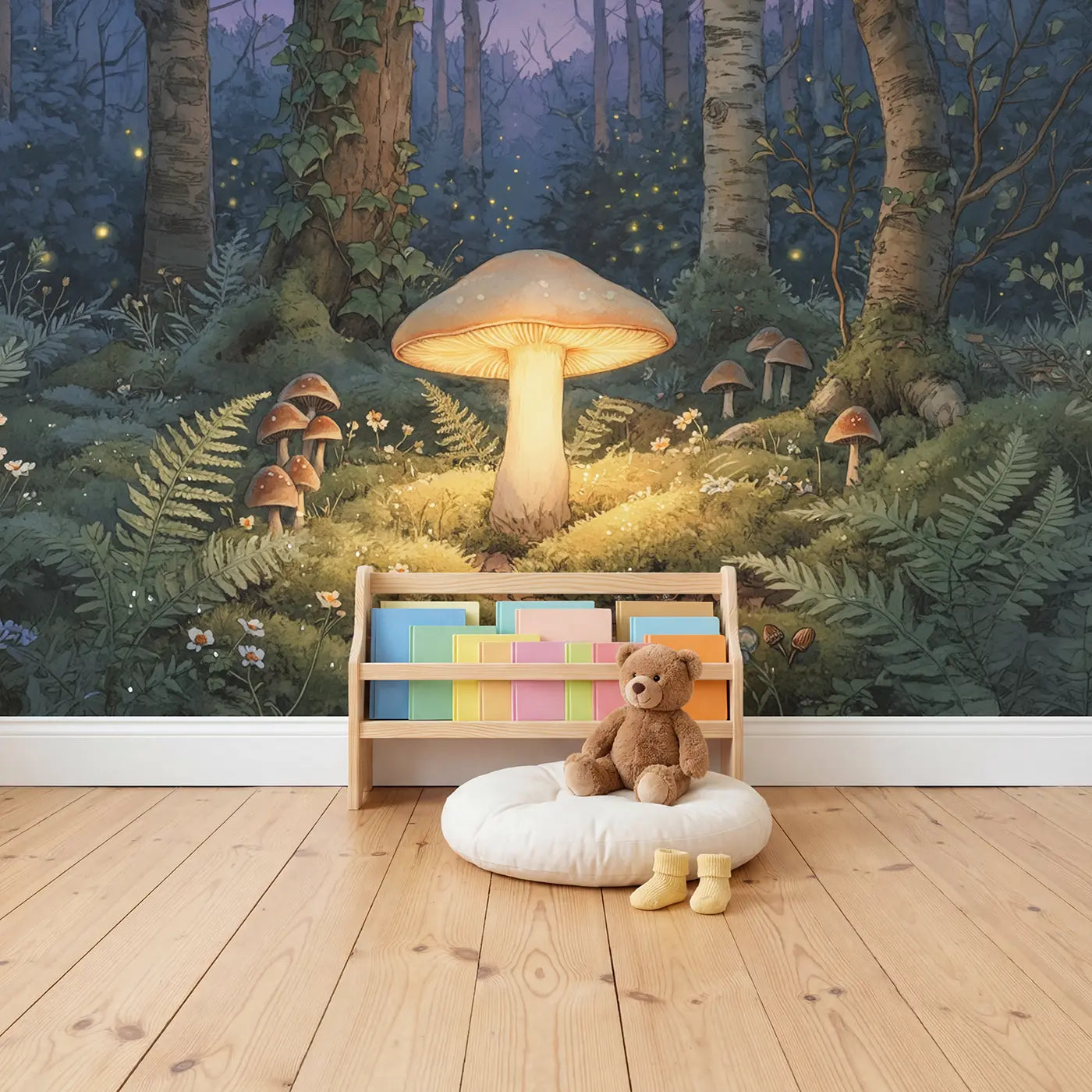 Twilight Mushroom Lantern Wallpaper Mural in playroom setting by Whimsy Tots