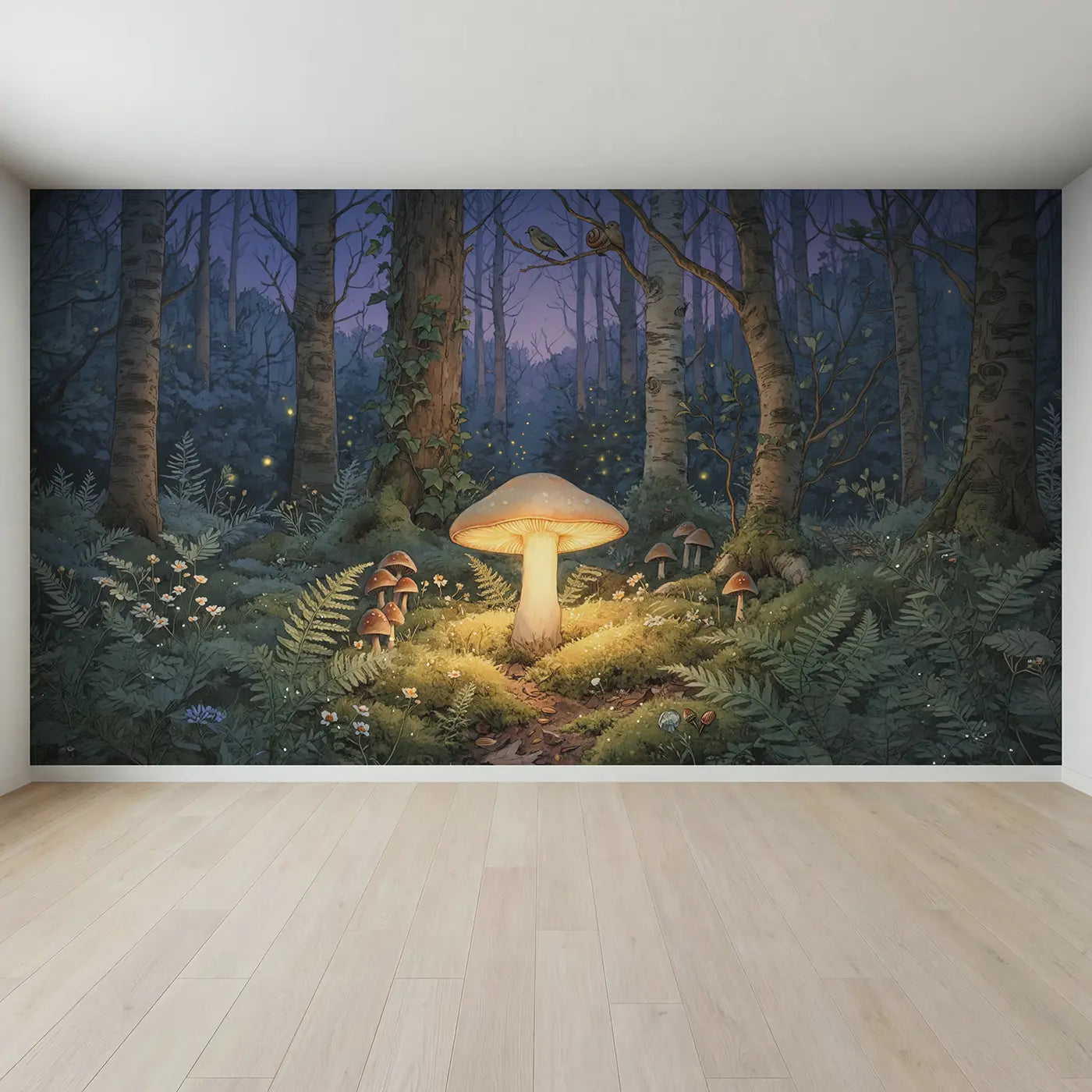 Full view of Twilight Mushroom Lantern Wallpaper Mural by Whimsy Tots