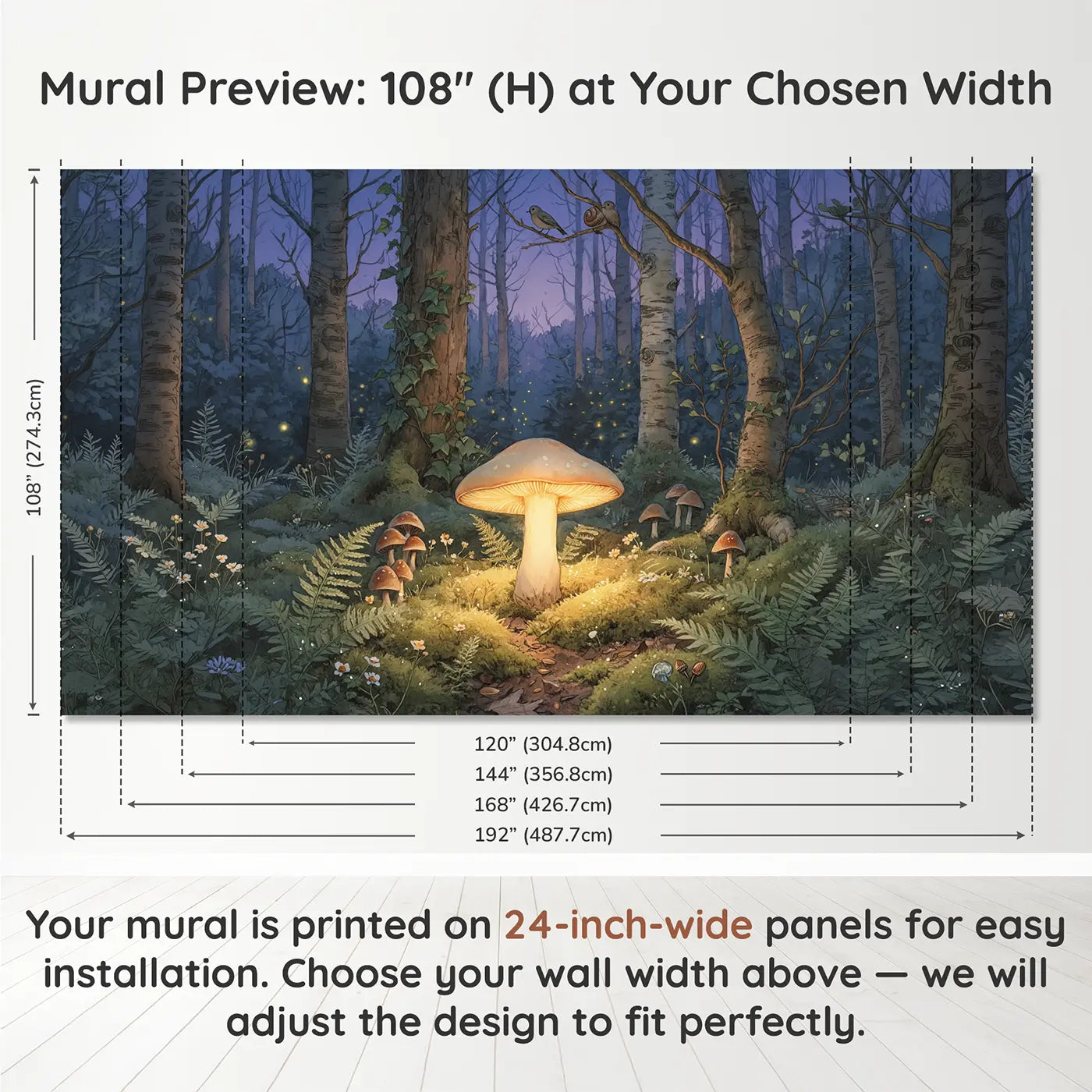 Panel layout and dimensions for Twilight Mushroom Lantern Wallpaper Mural by Whimsy Tots