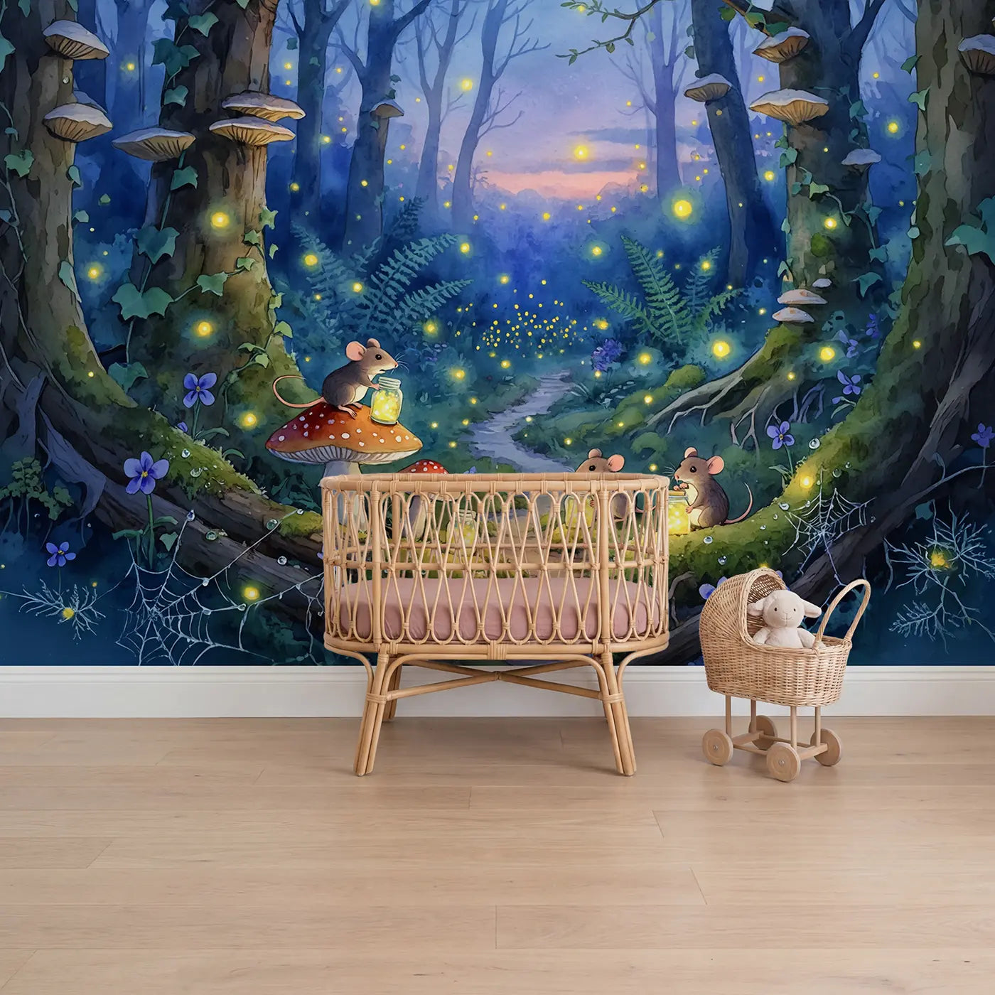 Watercolor firefly jar on windowsill wallpaper mural for nursery by Whimsy Tots