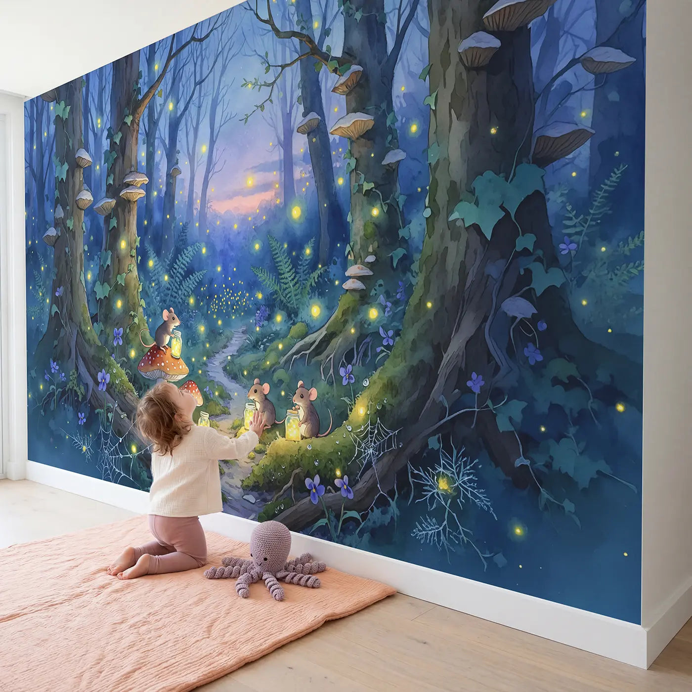 Child in nursery with Firefly Jar Evening Wallpaper Mural by Whimsy Tots