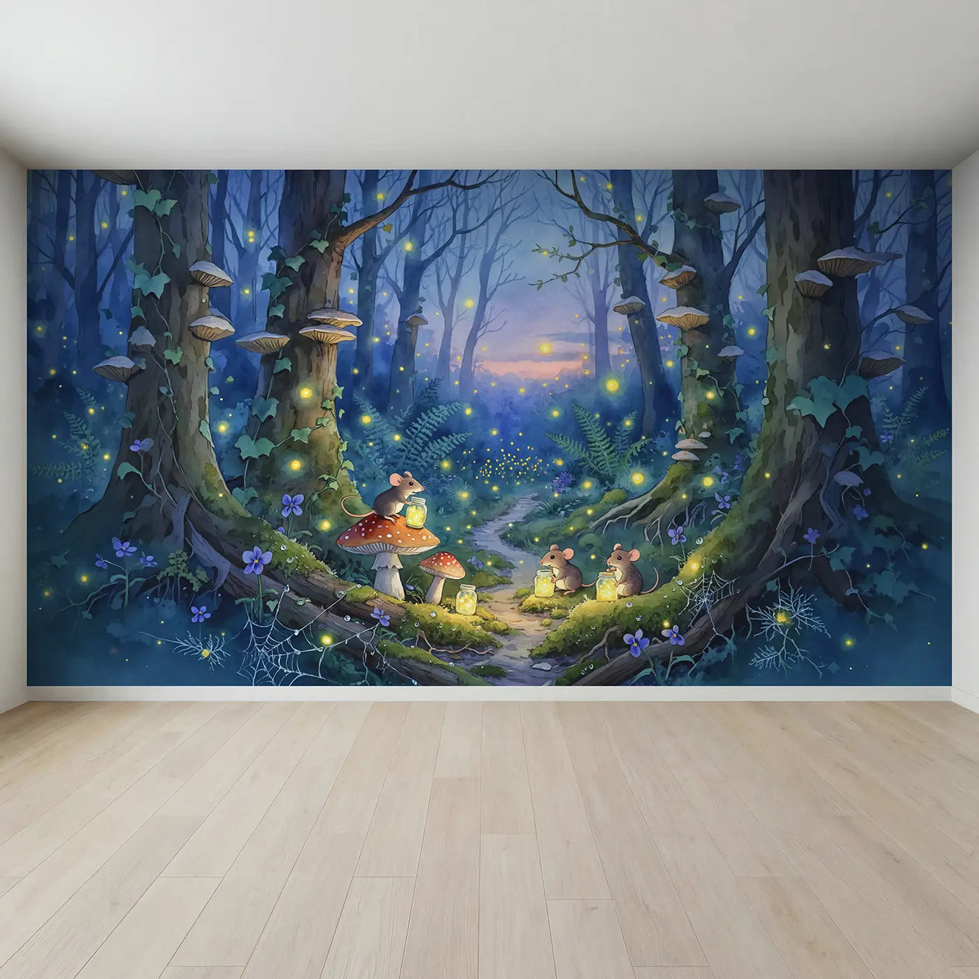 Full view of Firefly Jar Evening Wallpaper Mural by Whimsy Tots