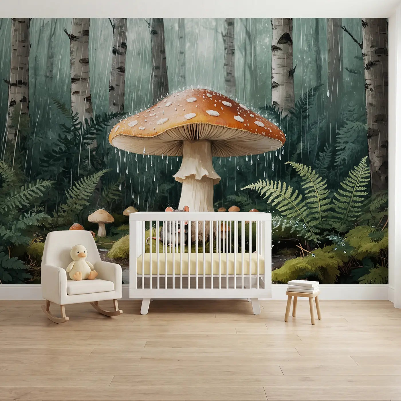 pastel mouse mushroom rain forest wallpaper mural for nursery by Whimsy Tots