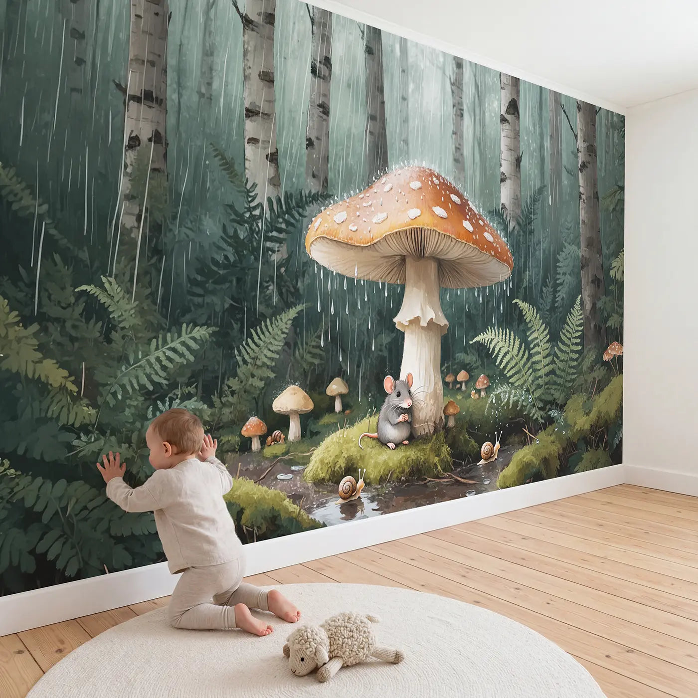 Child in nursery with Mouse Under Mushroom Umbrella Wallpaper Mural by Whimsy Tots
