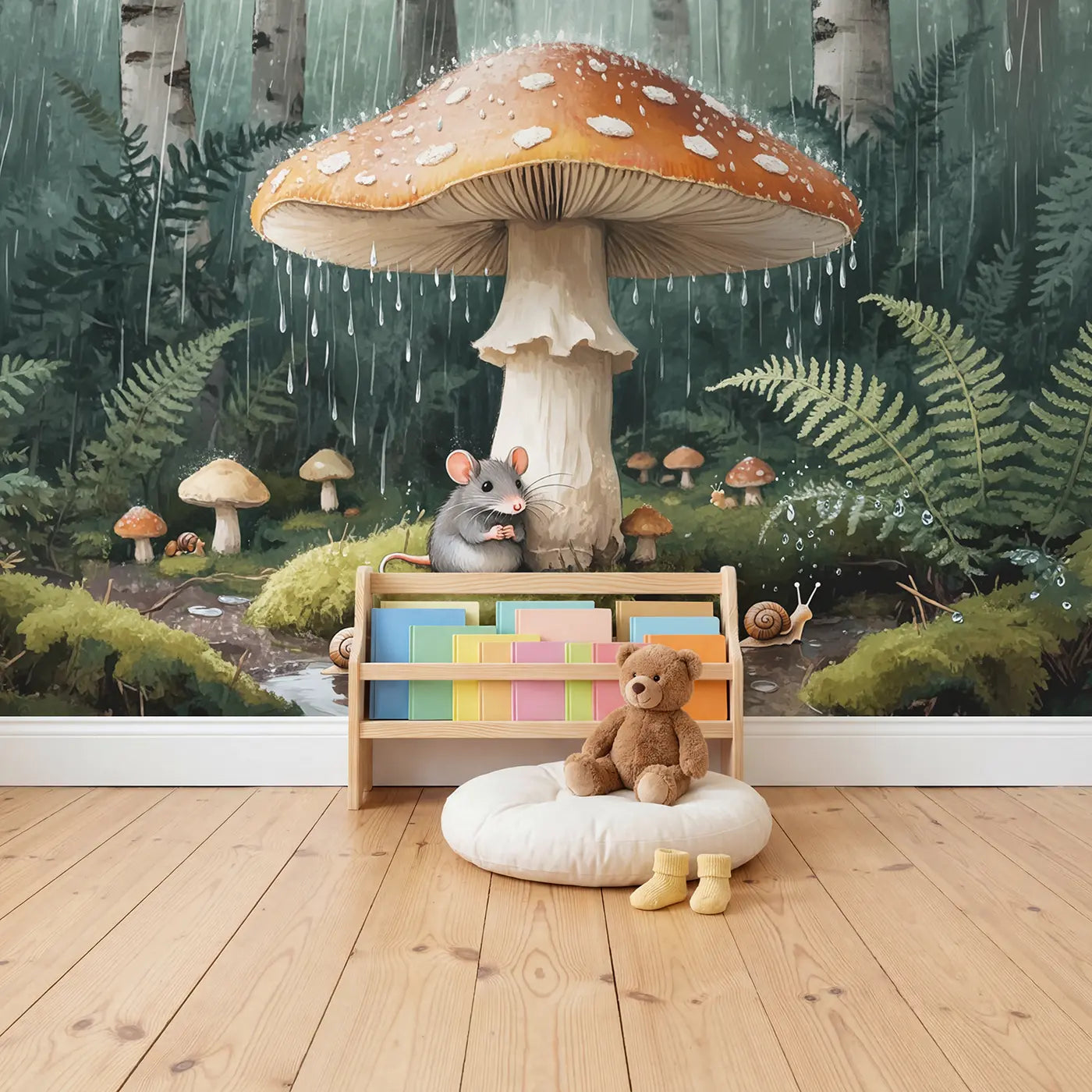 Mouse Under Mushroom Umbrella Wallpaper Mural in playroom setting by Whimsy Tots