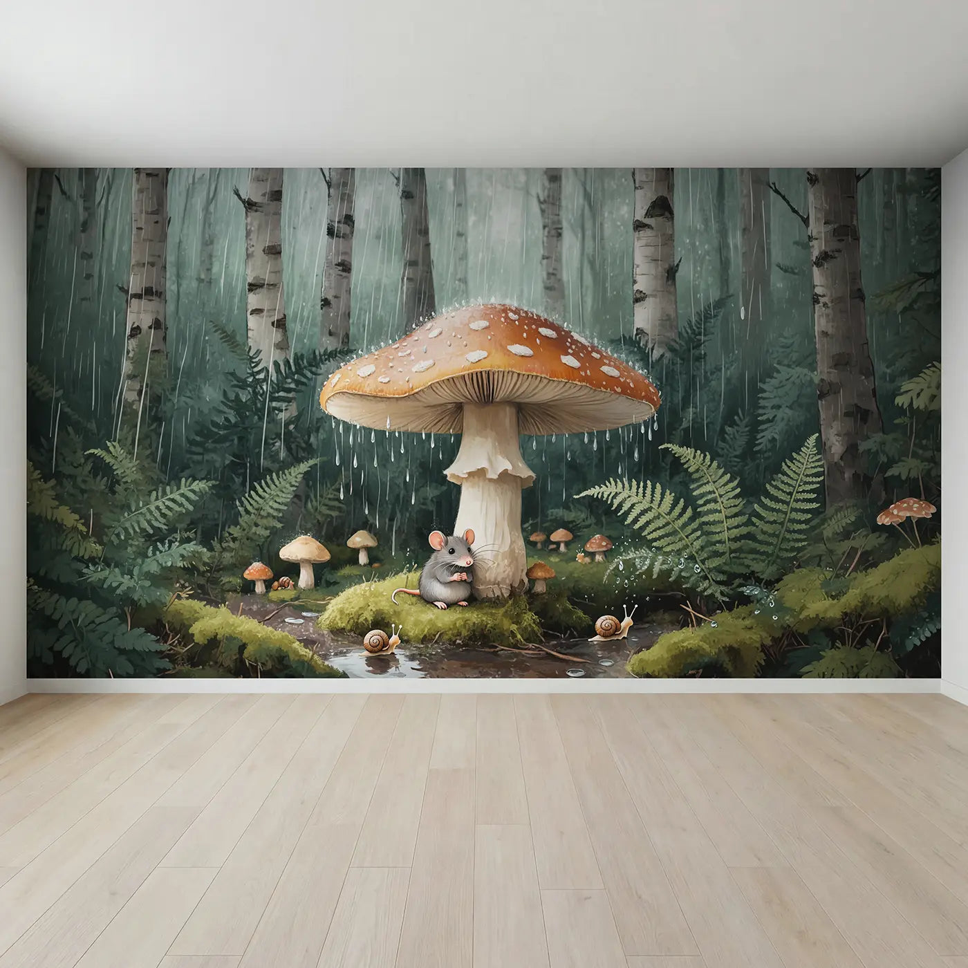 Full view of Mouse Under Mushroom Umbrella Wallpaper Mural by Whimsy Tots