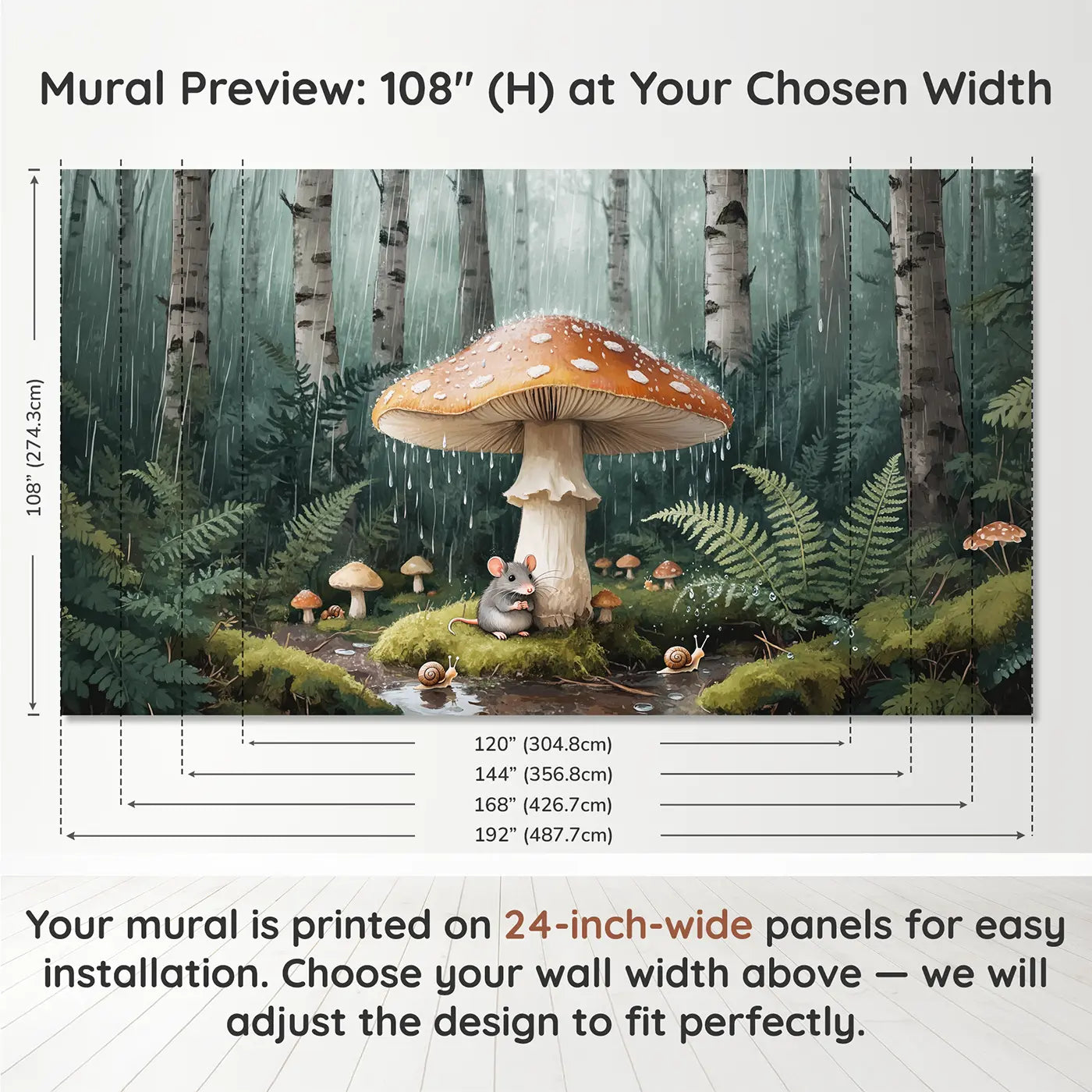Panel layout and dimensions for Mouse Under Mushroom Umbrella Wallpaper Mural by Whimsy Tots
