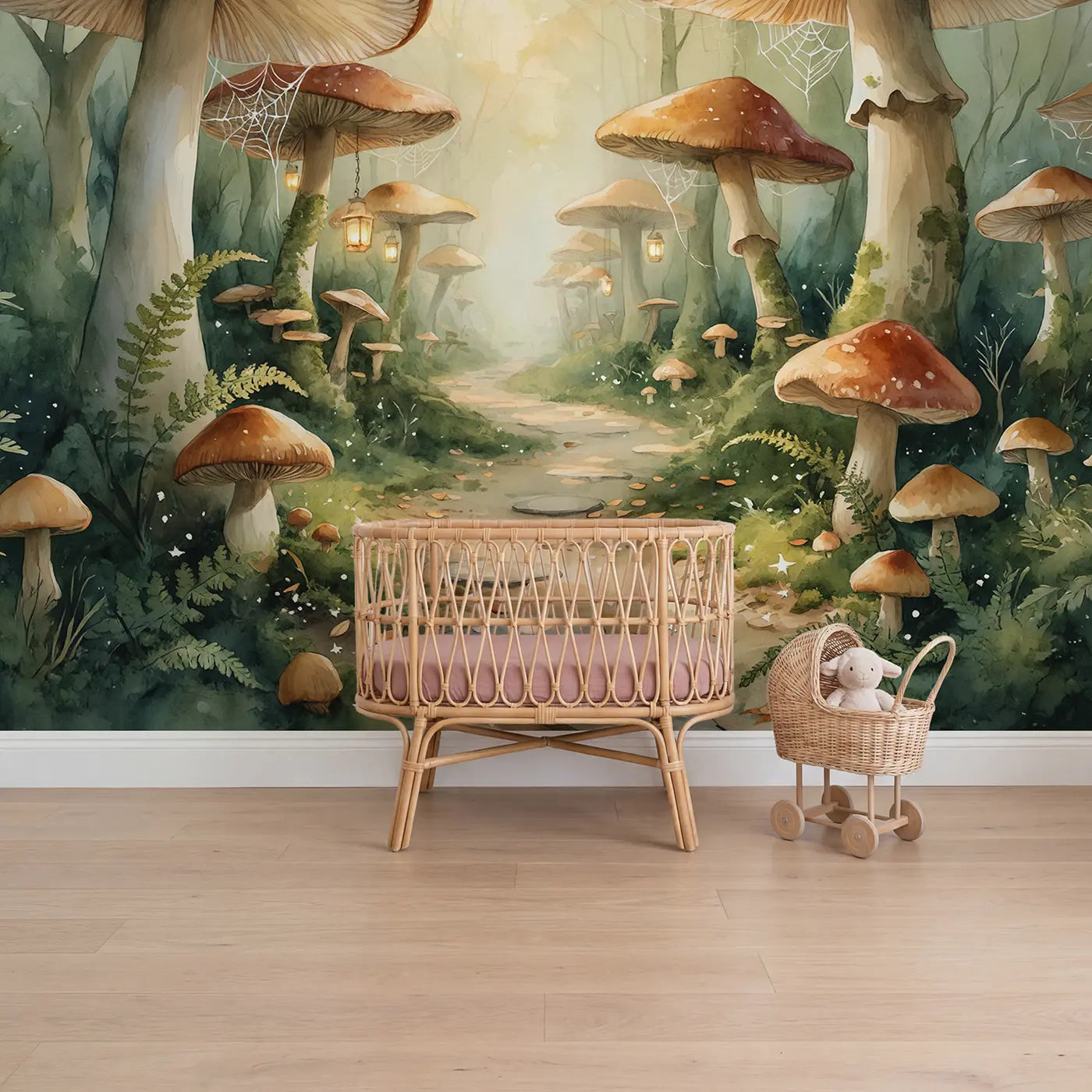 Watercolor mushroom tunnel lantern path wallpaper mural for girls nursery by Whimsy Tots