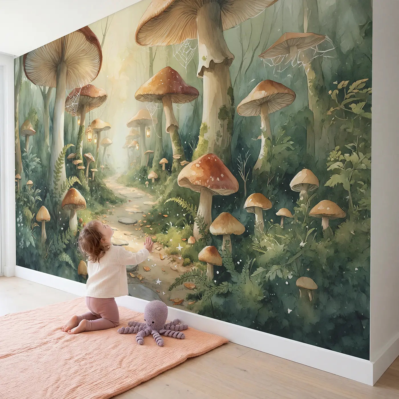 Child in nursery with Mushroom Tunnel Path Wallpaper Mural by Whimsy Tots