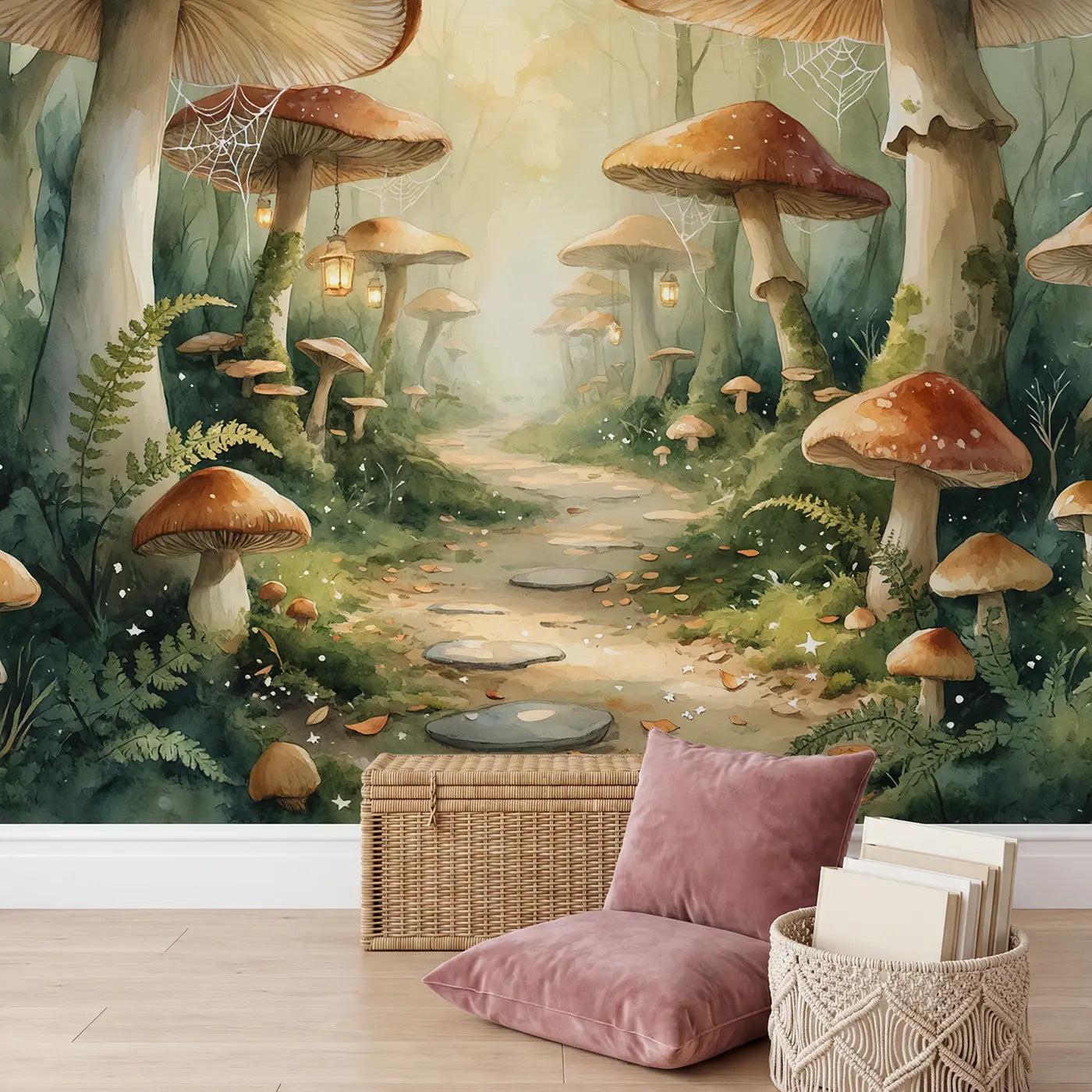 Mushroom Tunnel Path Wallpaper Mural in playroom setting by Whimsy Tots