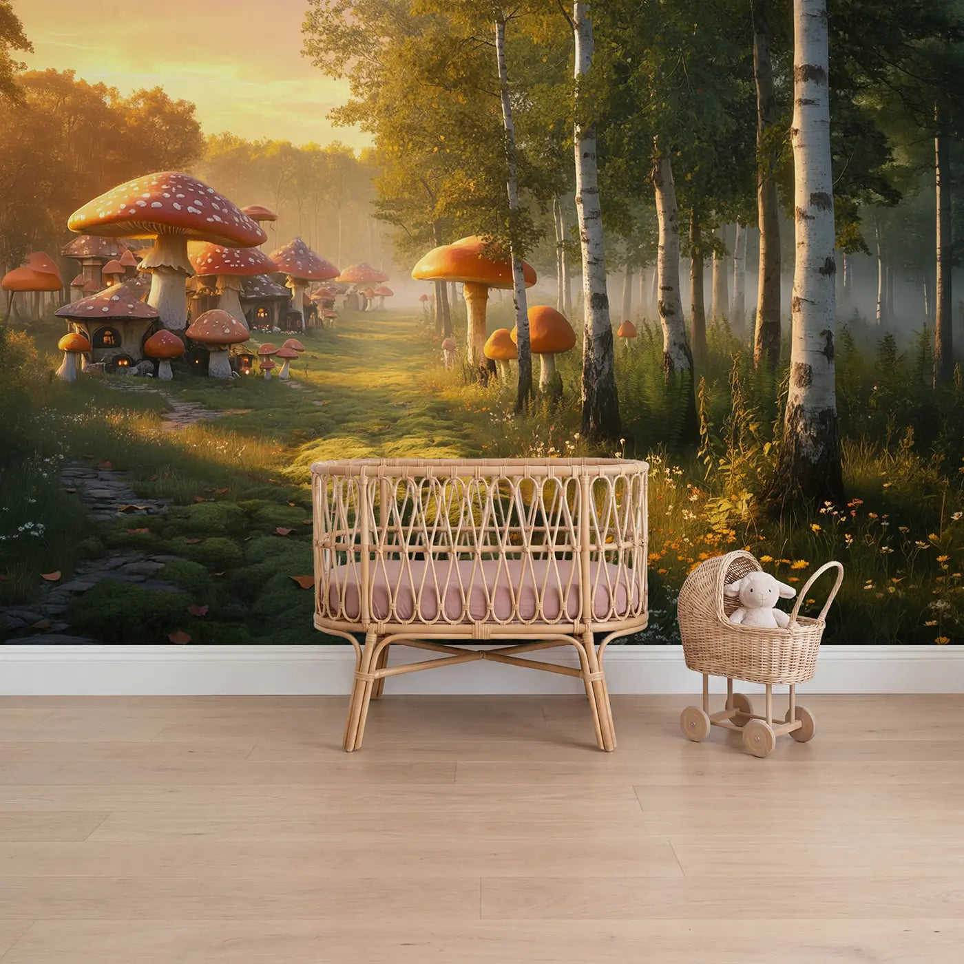 Soft pastel two forests meeting mushroom wallpaper mural for girls nursery by Whimsy Tots