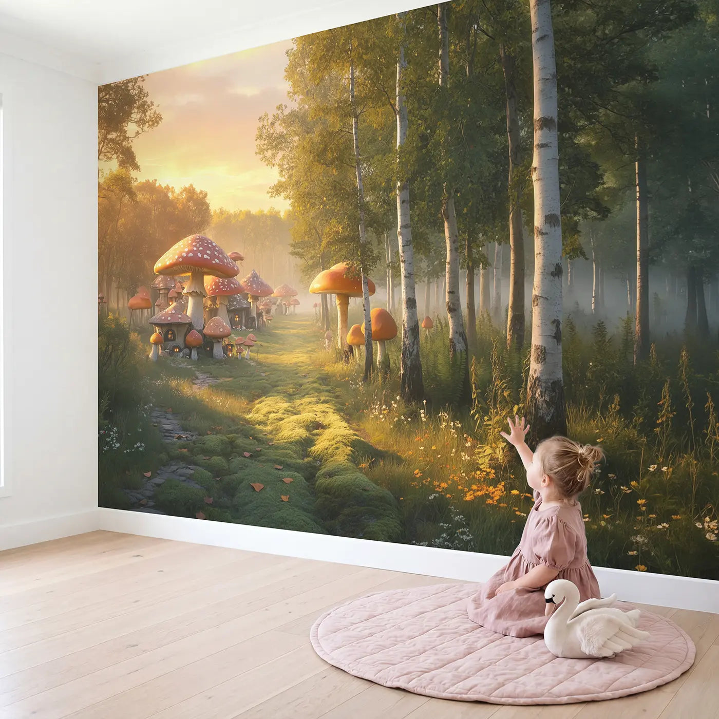 Child in nursery with Two Forests Meeting Wallpaper Mural by Whimsy Tots