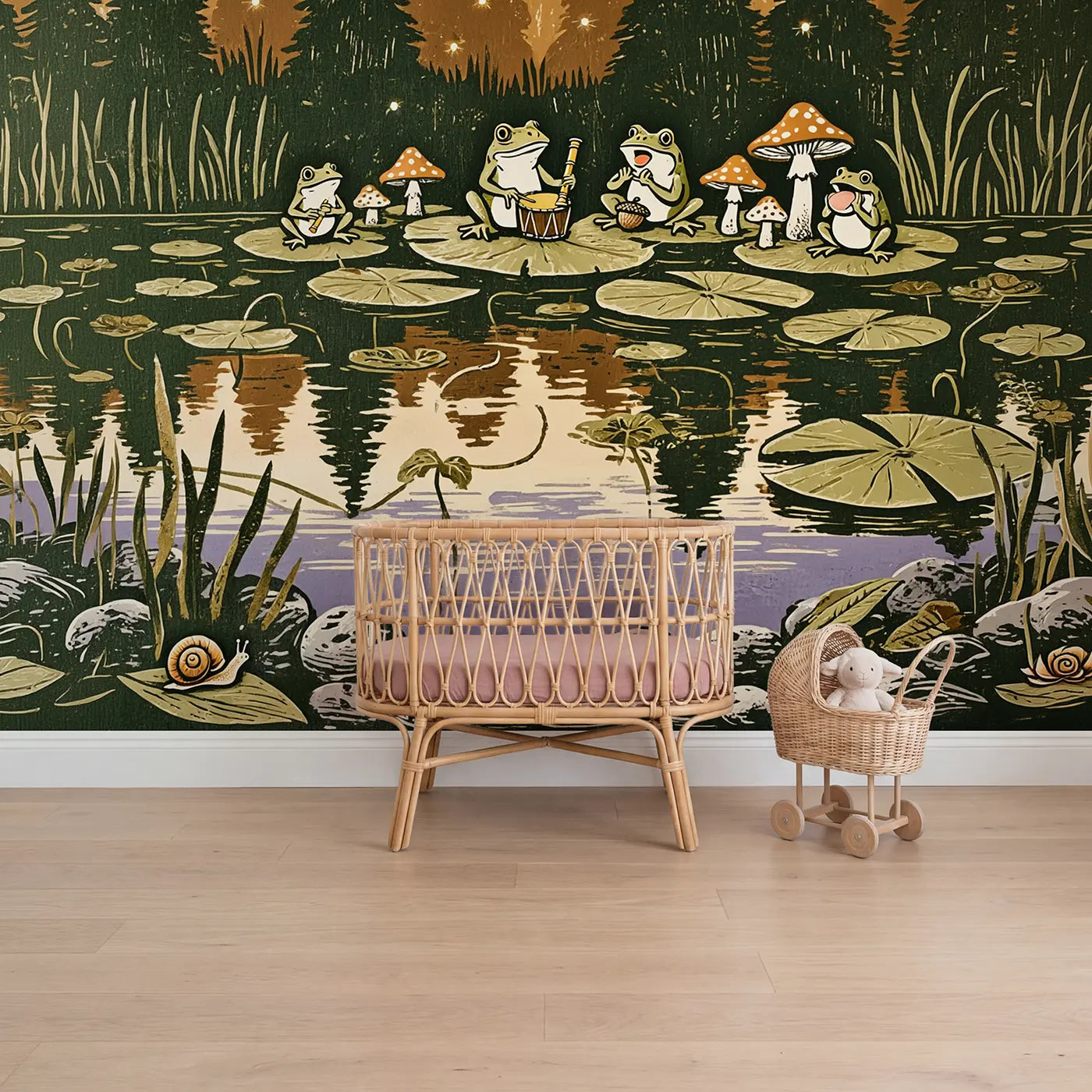 block print frog concert mushroom pond wallpaper mural for girls room by Whimsy Tots