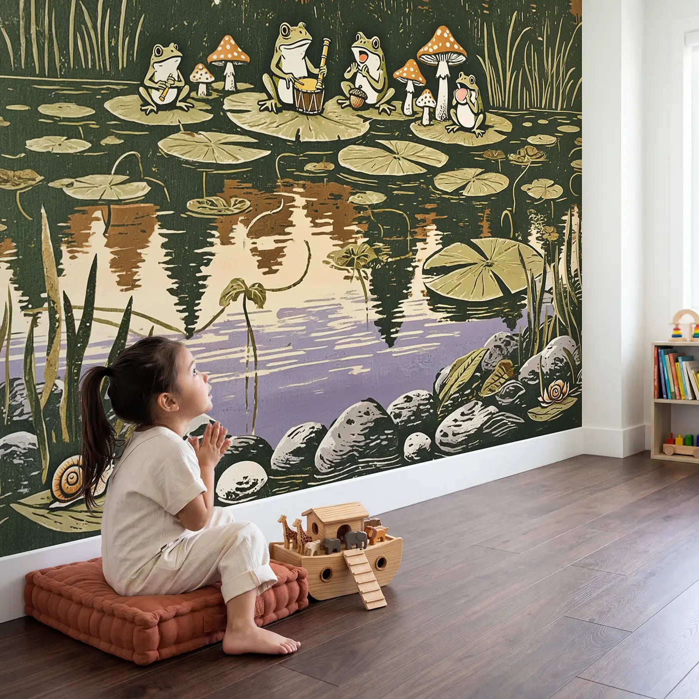 Child in nursery with Frog Concert Mushroom Pond Wallpaper Mural by Whimsy Tots