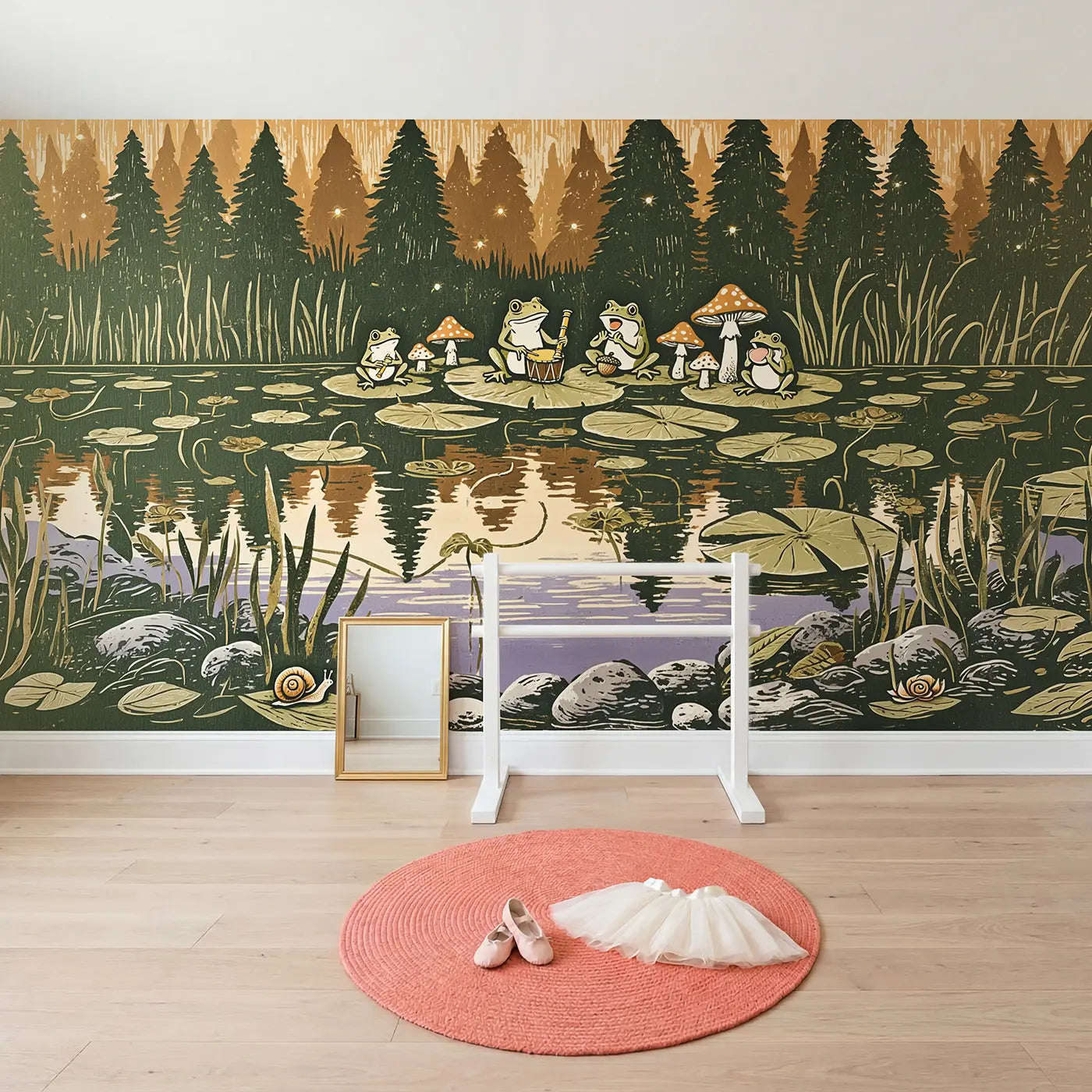 Frog Concert Mushroom Pond Wallpaper Mural in playroom setting by Whimsy Tots