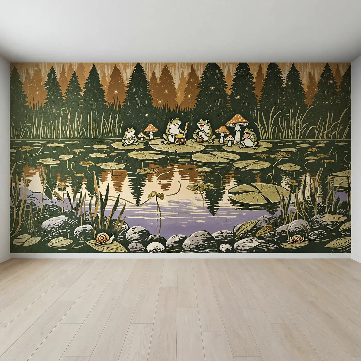 Full view of Frog Concert Mushroom Pond Wallpaper Mural by Whimsy Tots