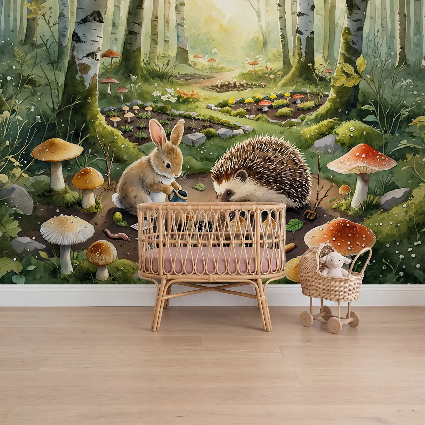 watercolor rabbit hedgehog mushroom garden mural for girls nursery by Whimsy Tots