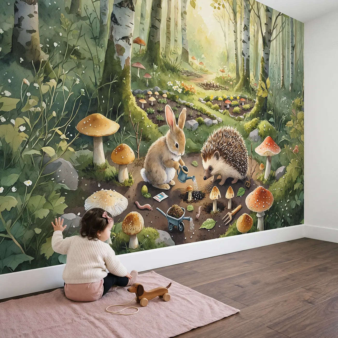 Child in nursery with Rabbit Hedgehog Mushroom Garden Wallpaper Mural by Whimsy Tots