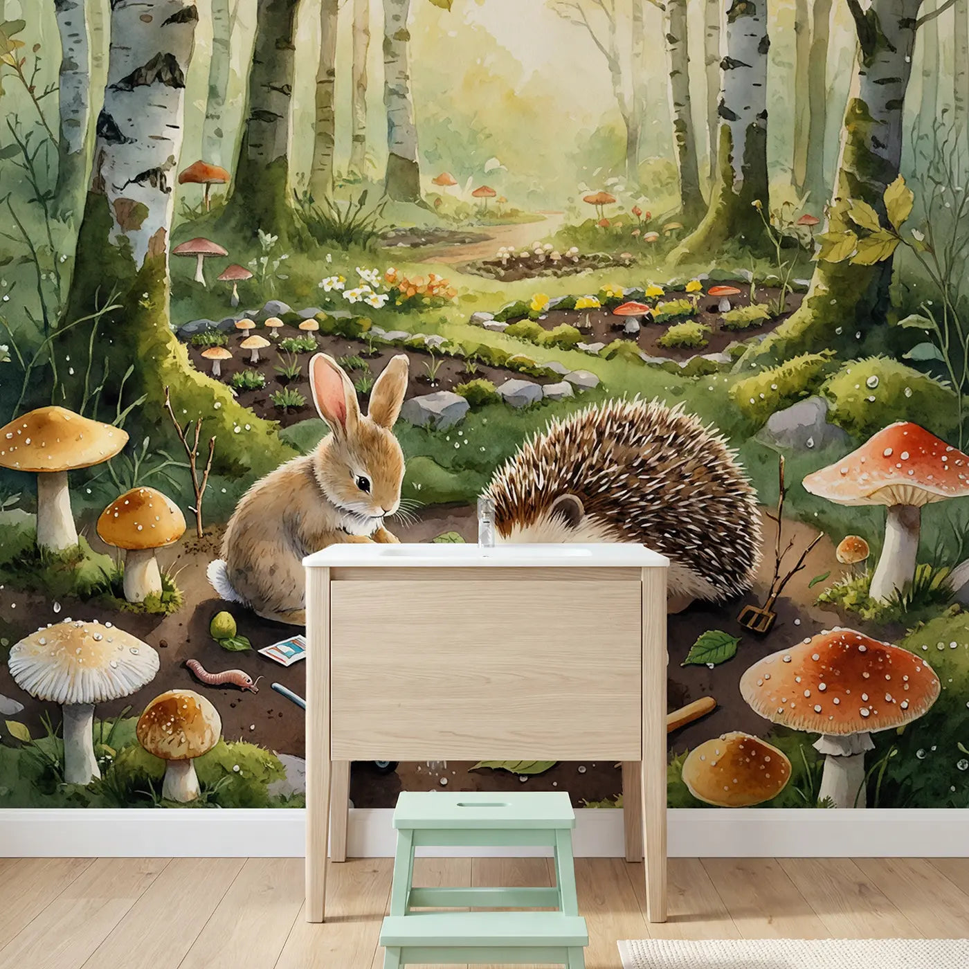 Rabbit Hedgehog Mushroom Garden Wallpaper Mural in playroom setting by Whimsy Tots