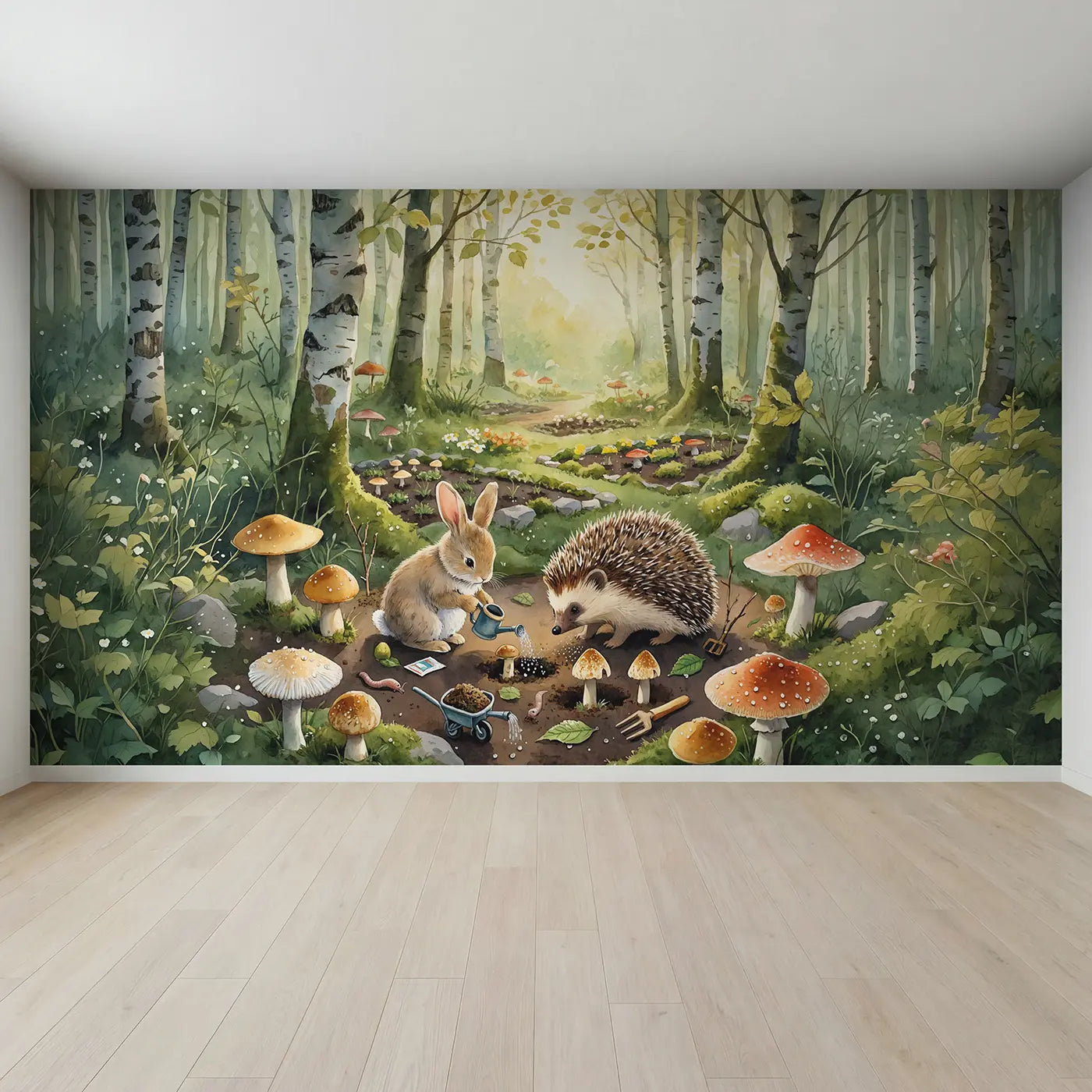 Full view of Rabbit Hedgehog Mushroom Garden Wallpaper Mural by Whimsy Tots