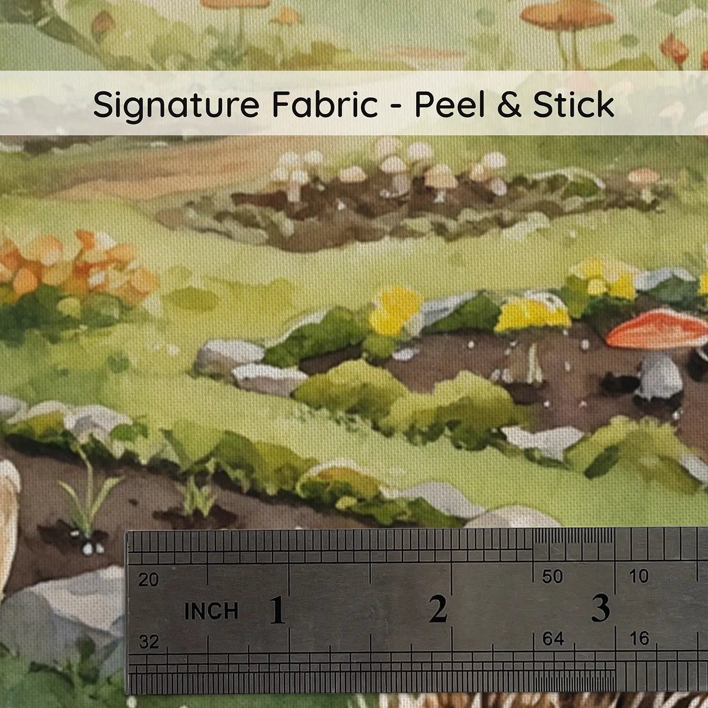 Fabric texture close-up of Rabbit Hedgehog Mushroom Garden Wallpaper Mural by Whimsy Tots