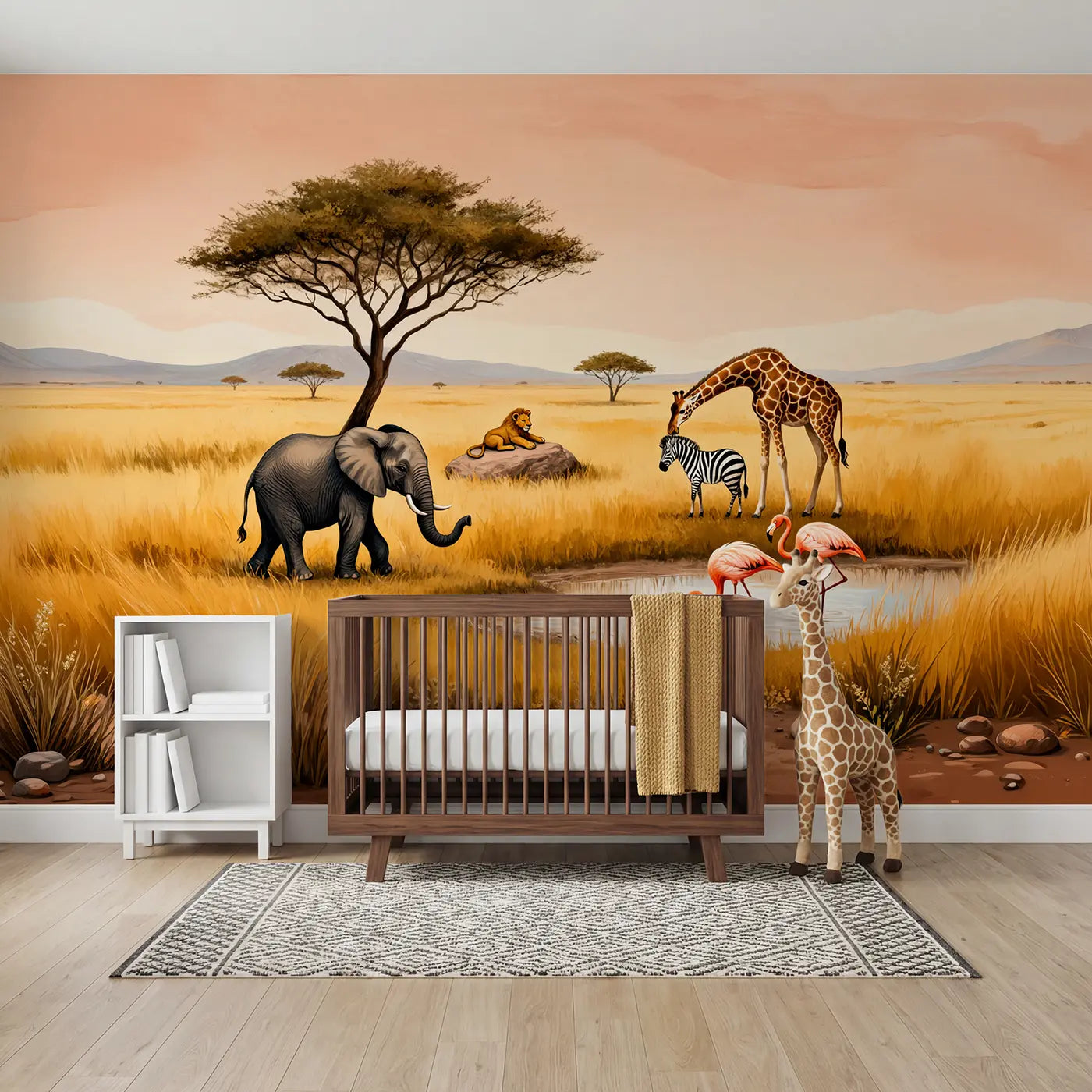 Block print elephant and giraffe savanna wallpaper mural for nursery by Whimsy Tots