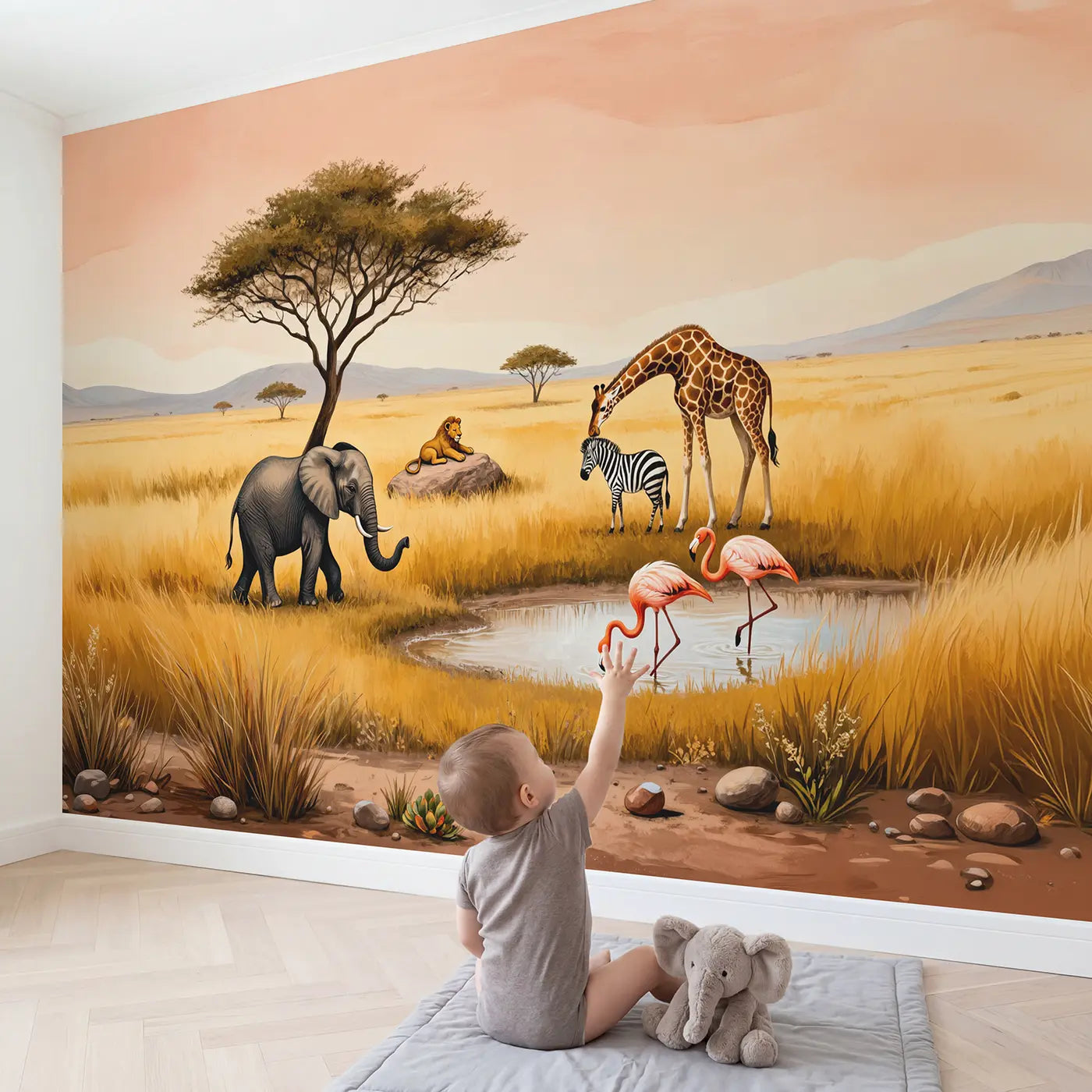 Child in nursery with Gentle Safari Parade Wallpaper Mural by Whimsy Tots