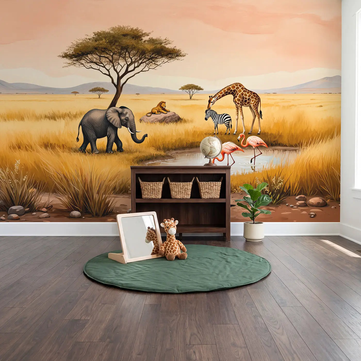 Gentle Safari Parade Wallpaper Mural in playroom setting by Whimsy Tots