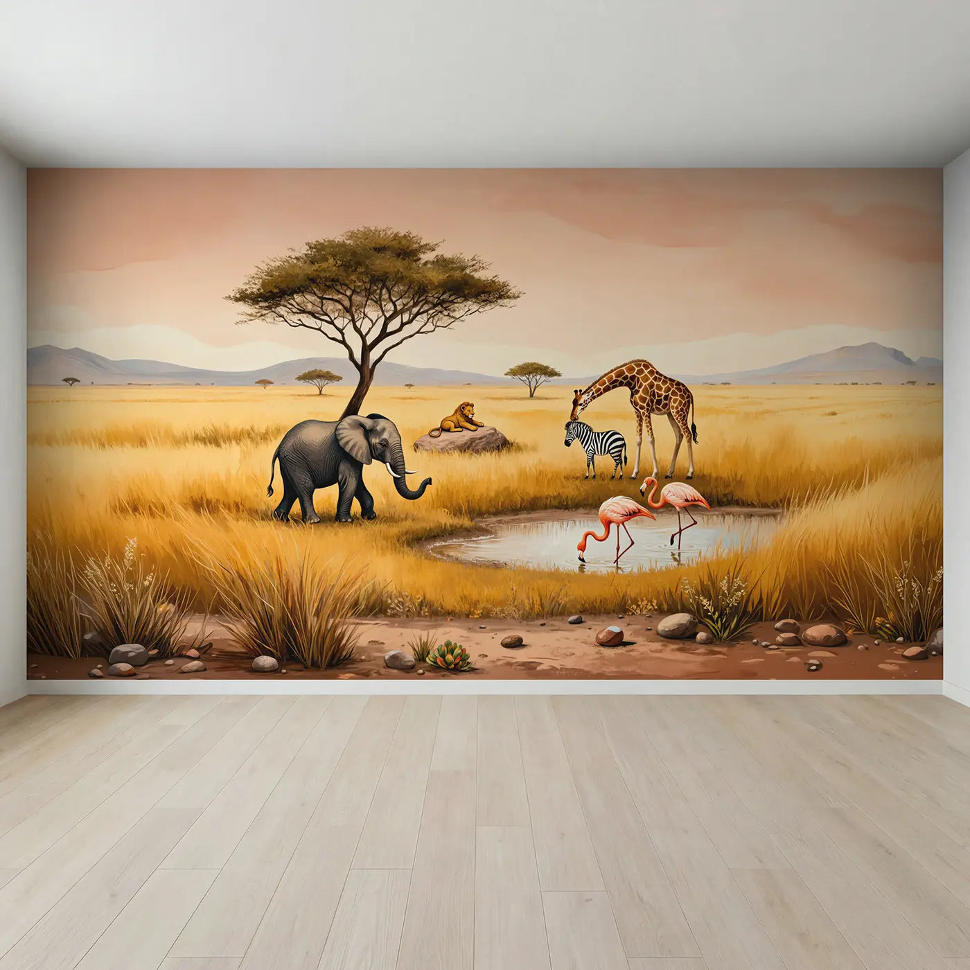 Full view of Gentle Safari Parade Wallpaper Mural by Whimsy Tots