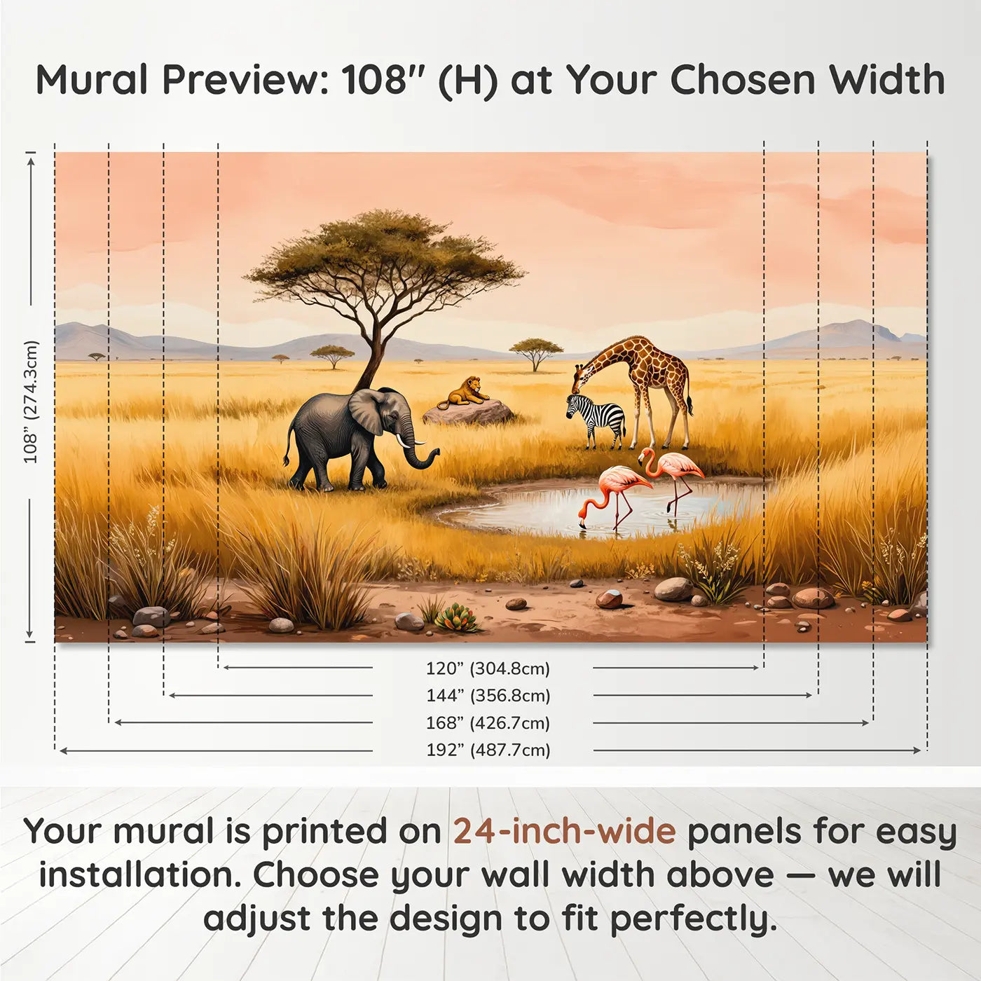 Panel layout and dimensions for Gentle Safari Parade Wallpaper Mural by Whimsy Tots