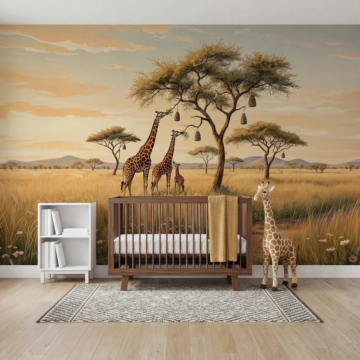 Storybook giraffe family treetop savanna wallpaper mural for kids room by Whimsy Tots
