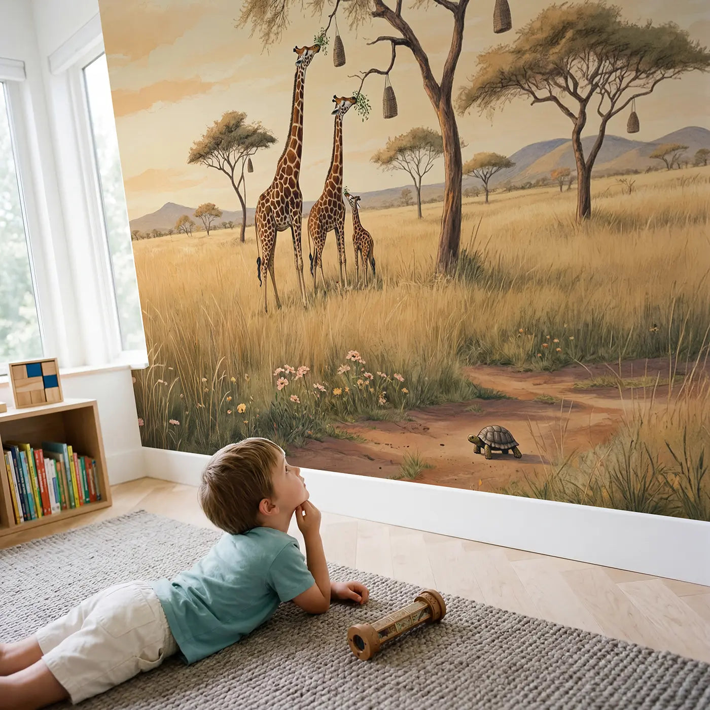 Child in nursery with Giraffe Family Treetop Wallpaper Mural by Whimsy Tots