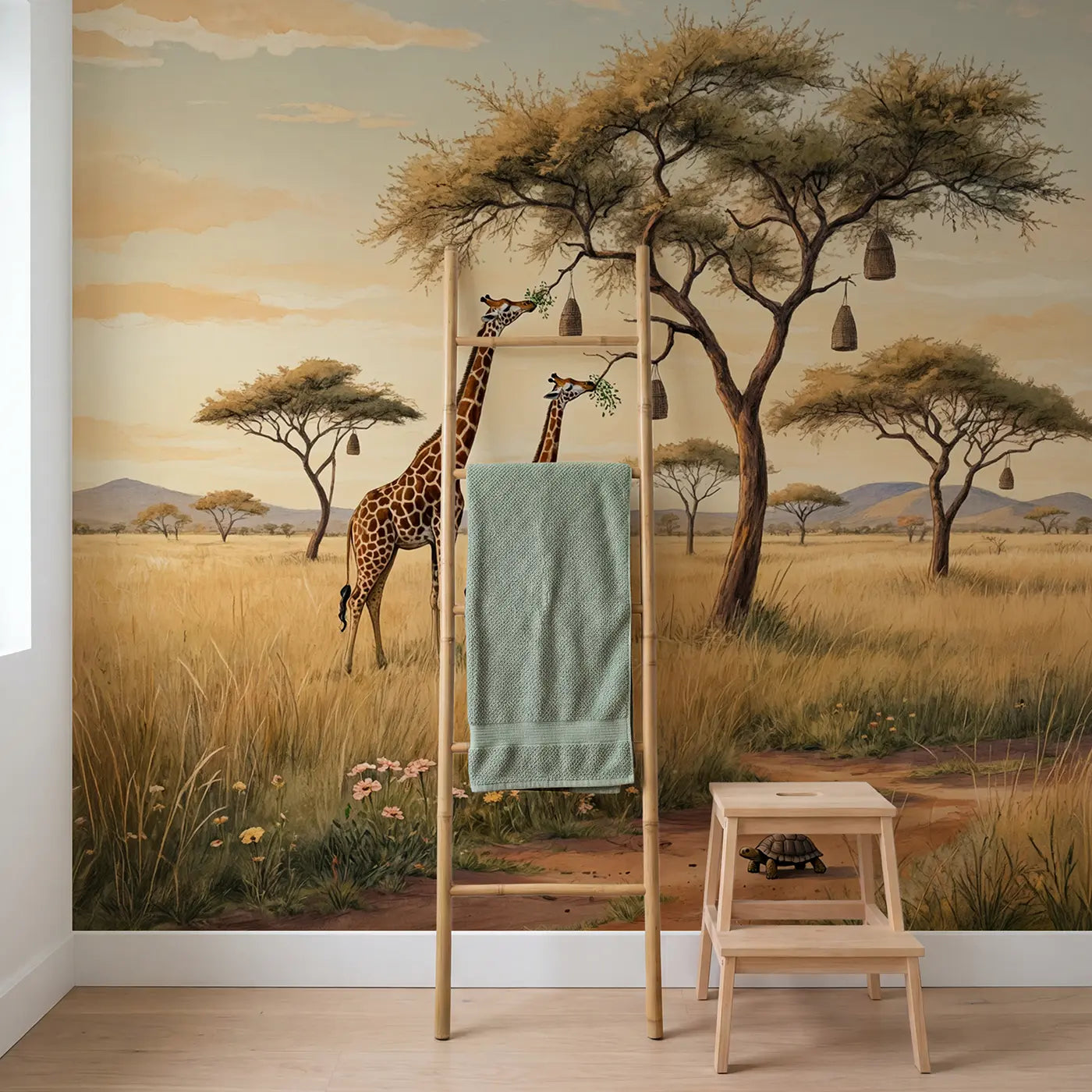 Giraffe Family Treetop Wallpaper Mural in playroom setting by Whimsy Tots