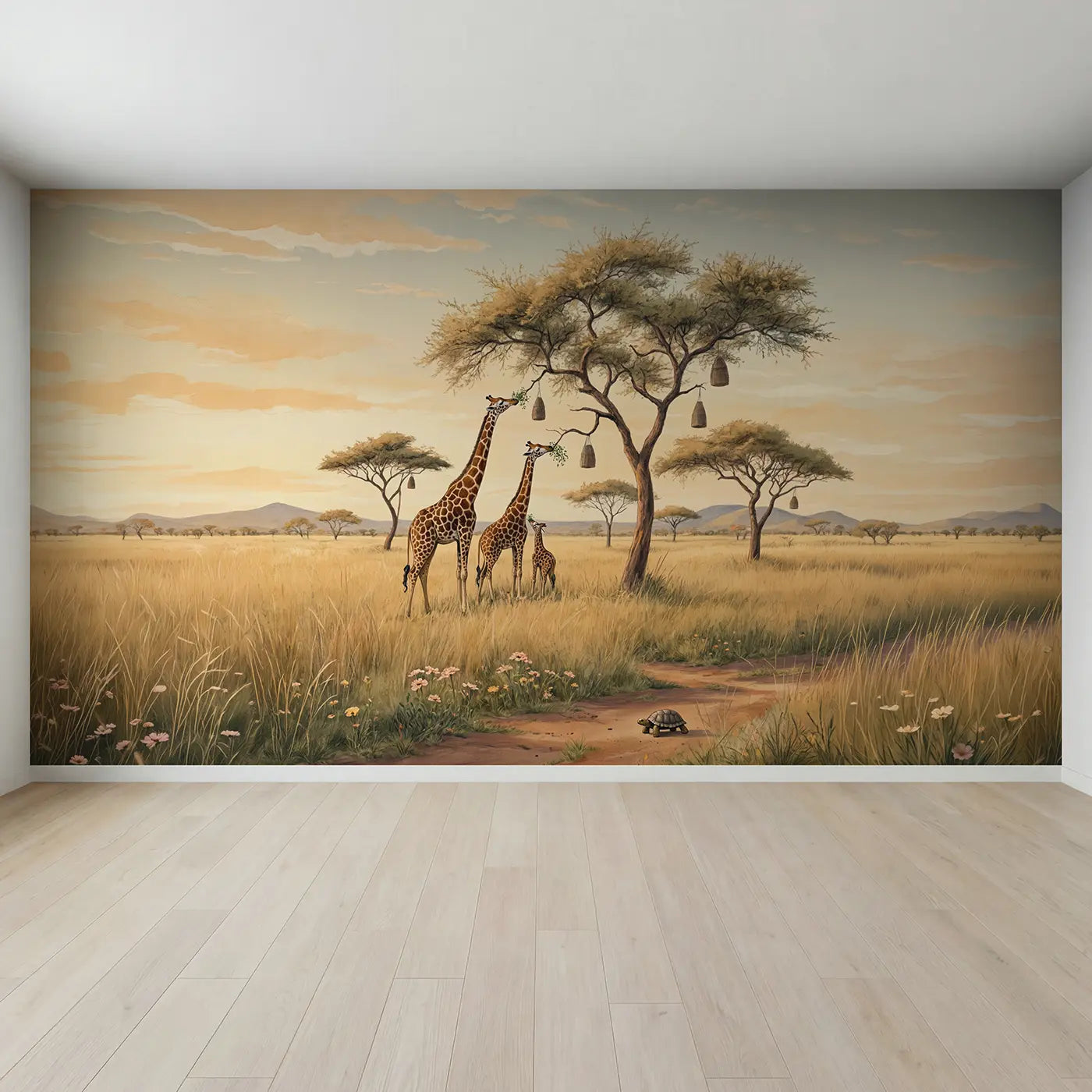 Full view of Giraffe Family Treetop Wallpaper Mural by Whimsy Tots