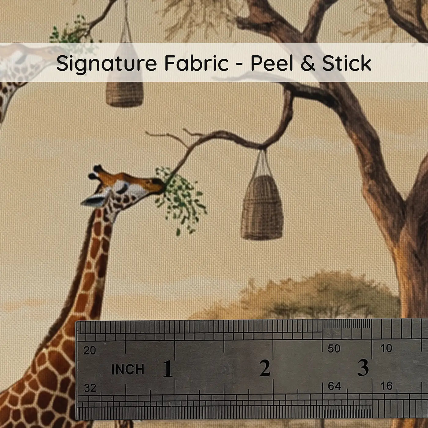 Fabric texture close-up of Giraffe Family Treetop Wallpaper Mural by Whimsy Tots