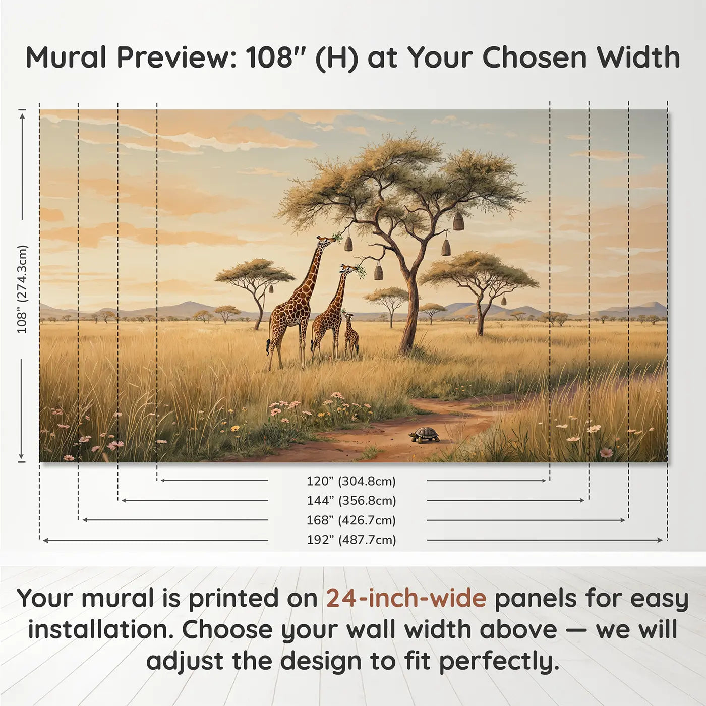 Panel layout and dimensions for Giraffe Family Treetop Wallpaper Mural by Whimsy Tots