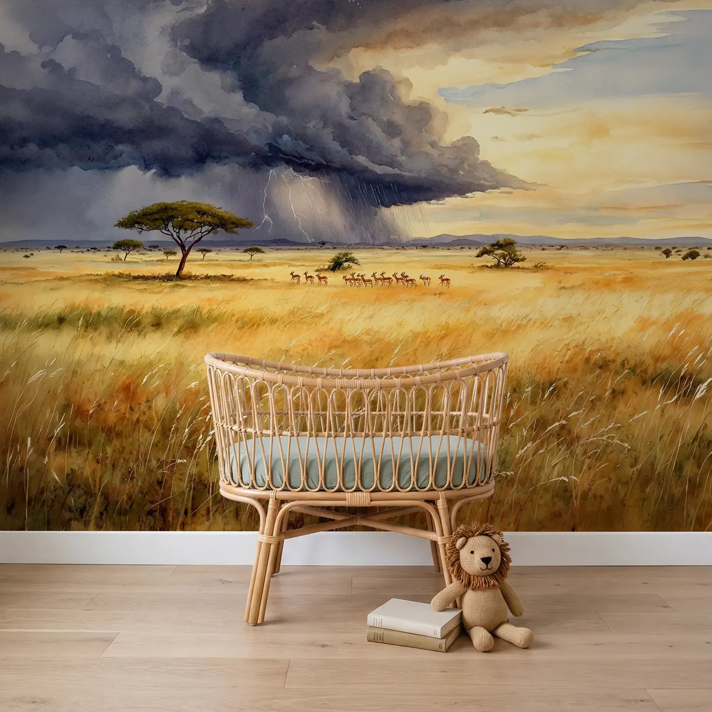 watercolor savanna storm approaching wallpaper mural for boys nursery by Whimsy Tots