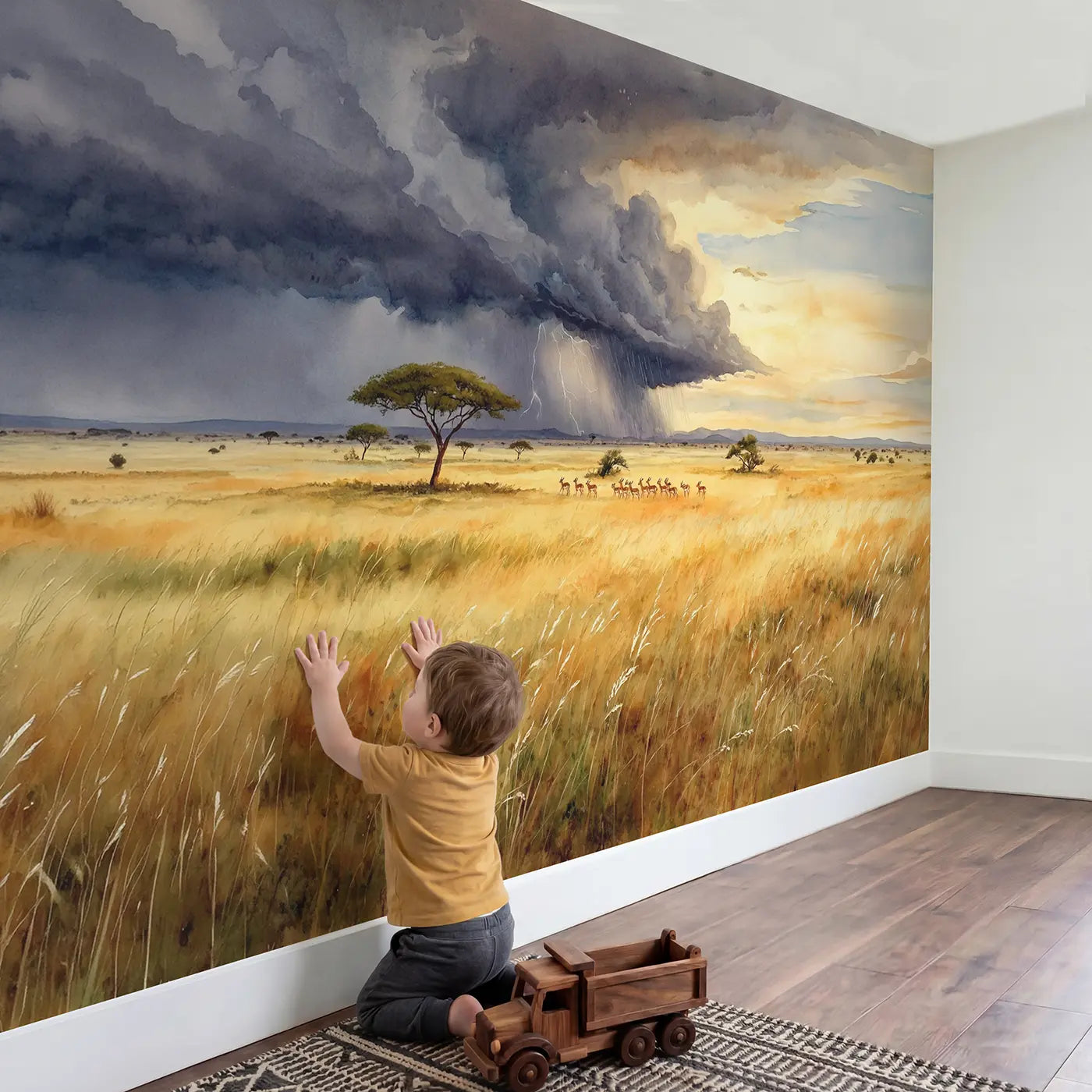 Child in nursery with Savanna Storm Approaching Wallpaper Mural by Whimsy Tots