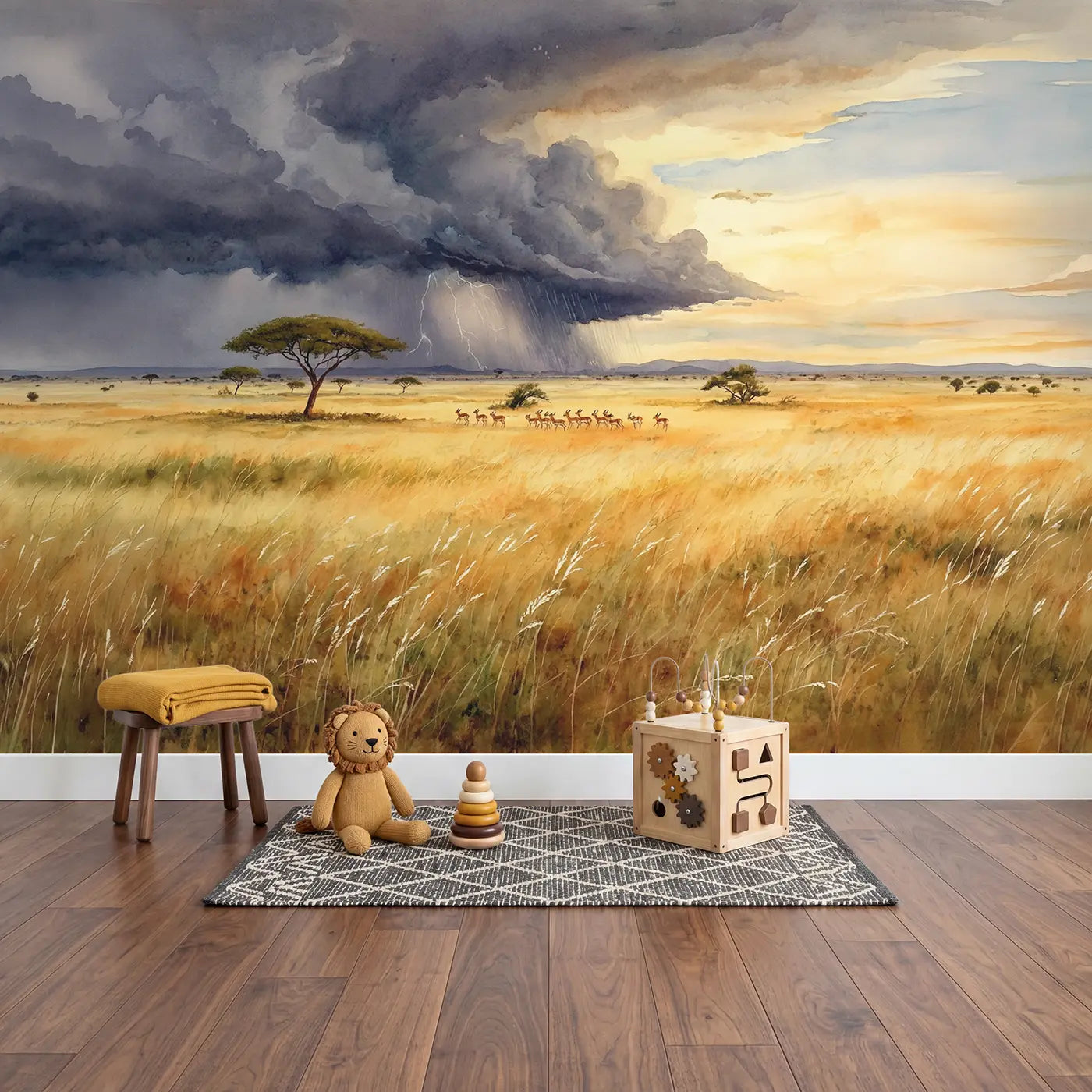Savanna Storm Approaching Wallpaper Mural in playroom setting by Whimsy Tots