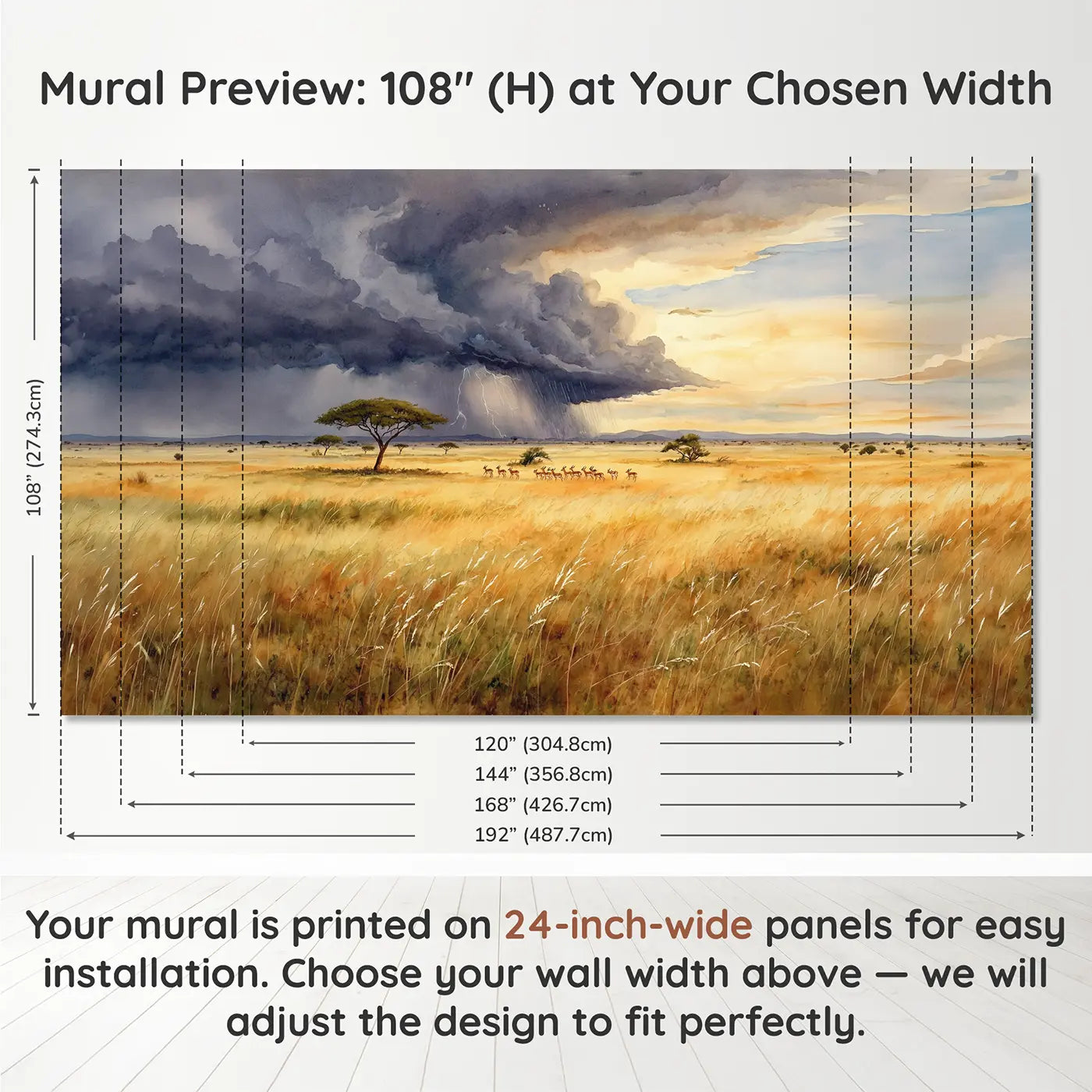 Panel layout and dimensions for Savanna Storm Approaching Wallpaper Mural by Whimsy Tots
