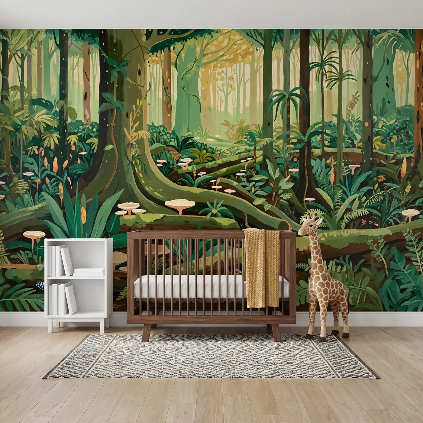 Modern illustration jungle jungle safari wallpaper mural for nursery by Whimsy Tots