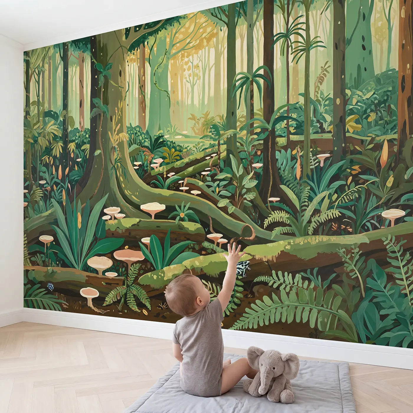 Child in nursery with Jungle Floor Cathedral Wallpaper Mural by Whimsy Tots