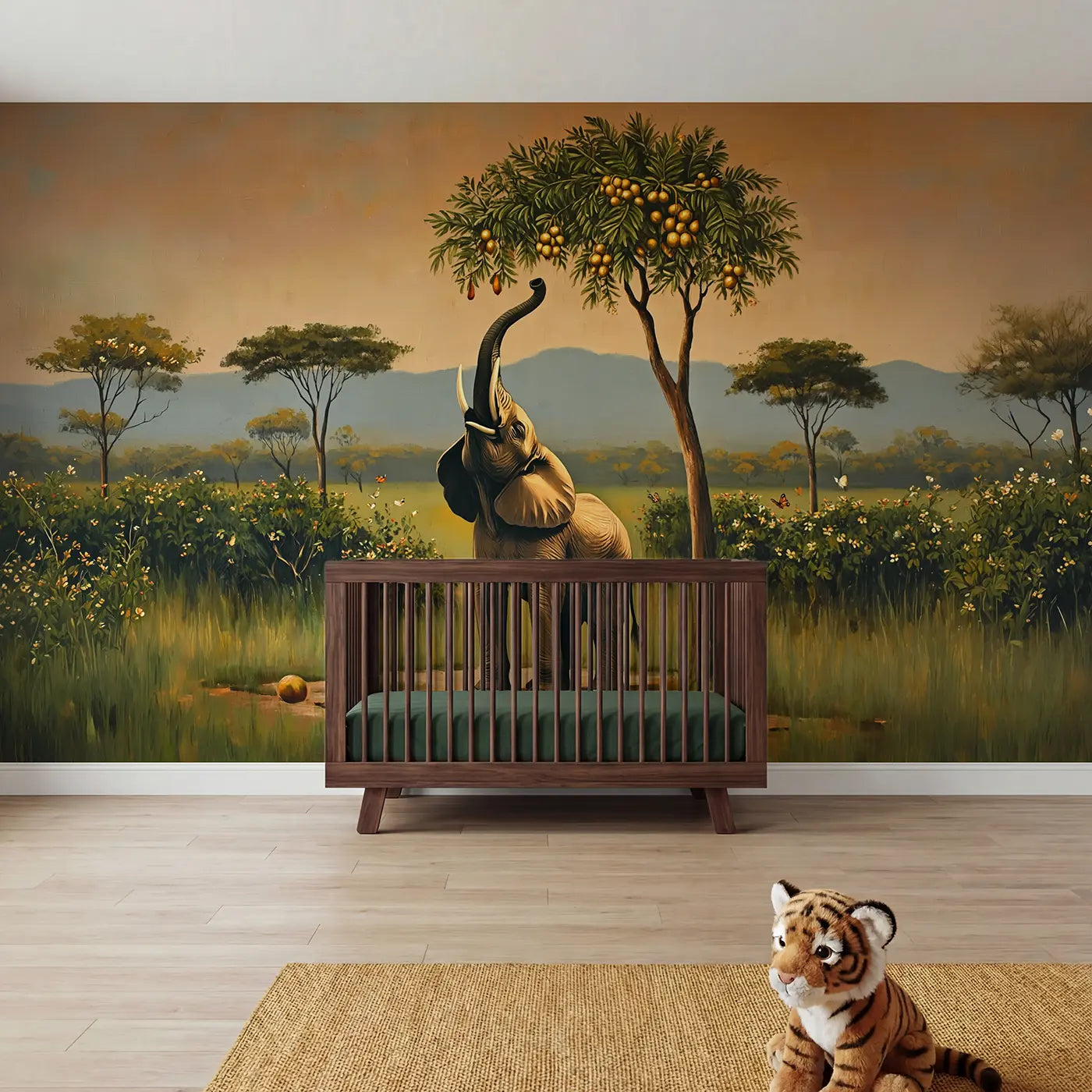painted elephant reaching fruit tree jungle wallpaper mural for girls room by Whimsy Tots