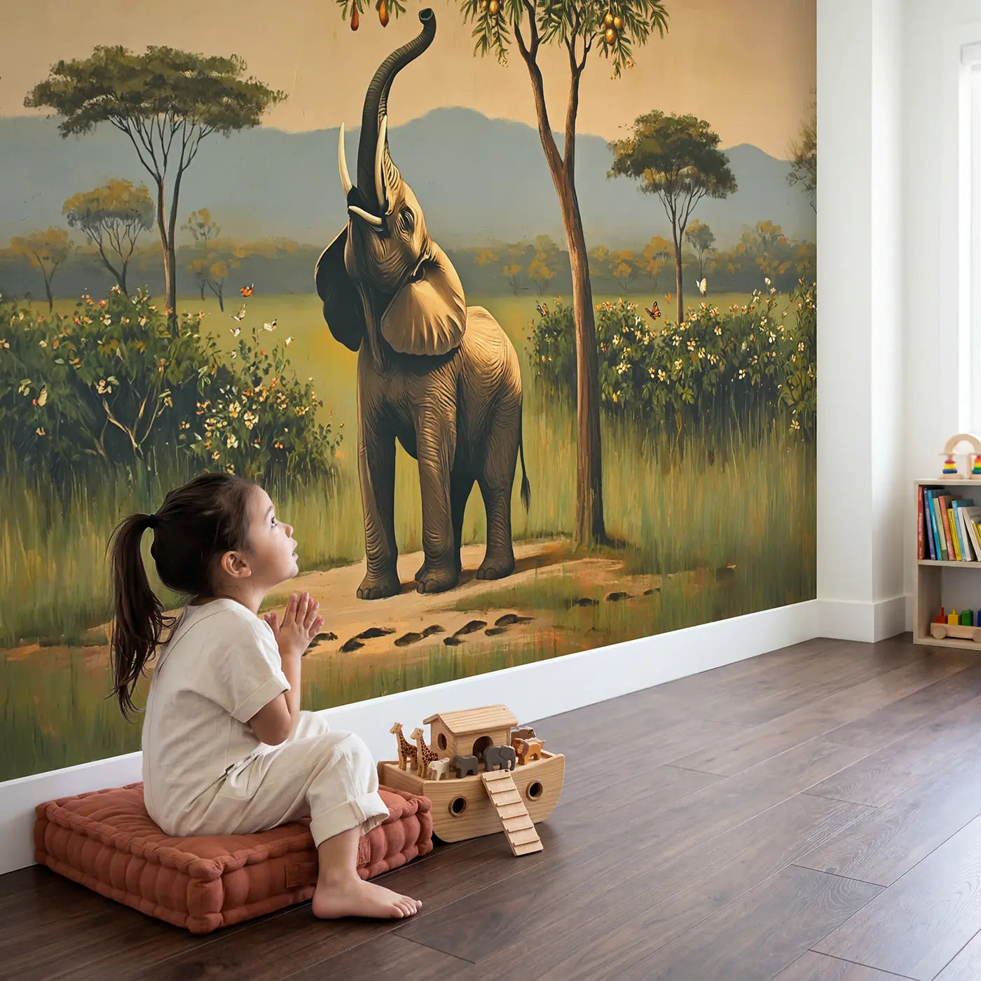 Child in nursery with Reaching Elephant Fruit Tree Wallpaper Mural by Whimsy Tots