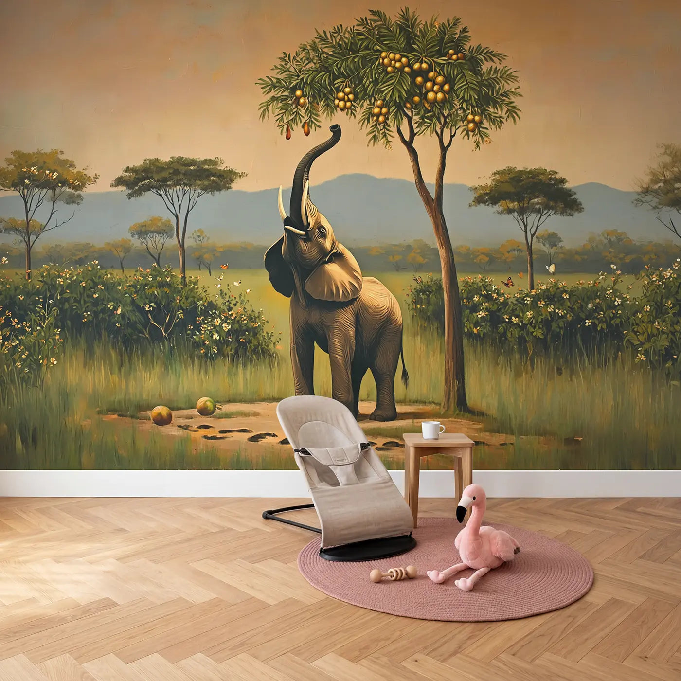 Reaching Elephant Fruit Tree Wallpaper Mural in playroom setting by Whimsy Tots