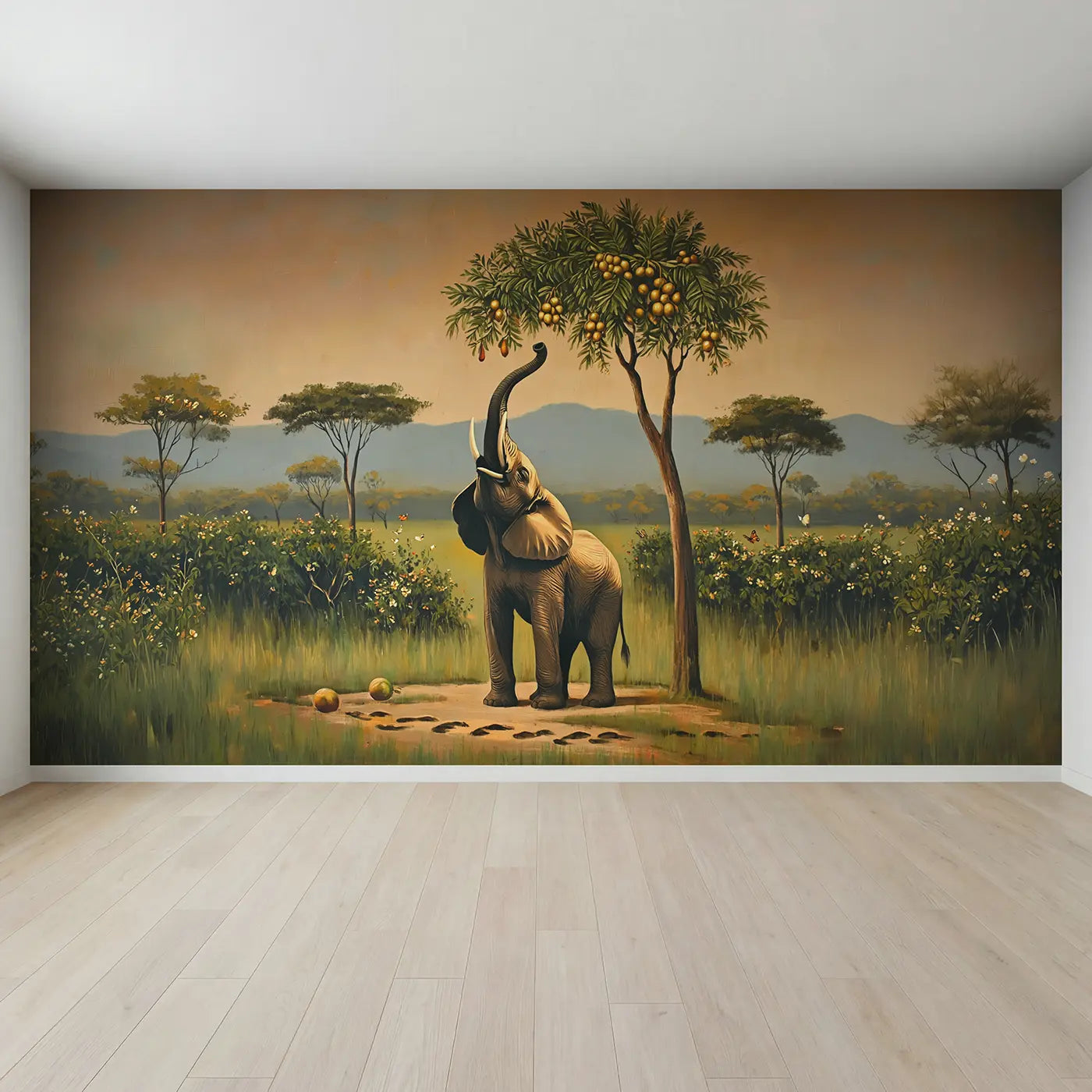 Full view of Reaching Elephant Fruit Tree Wallpaper Mural by Whimsy Tots