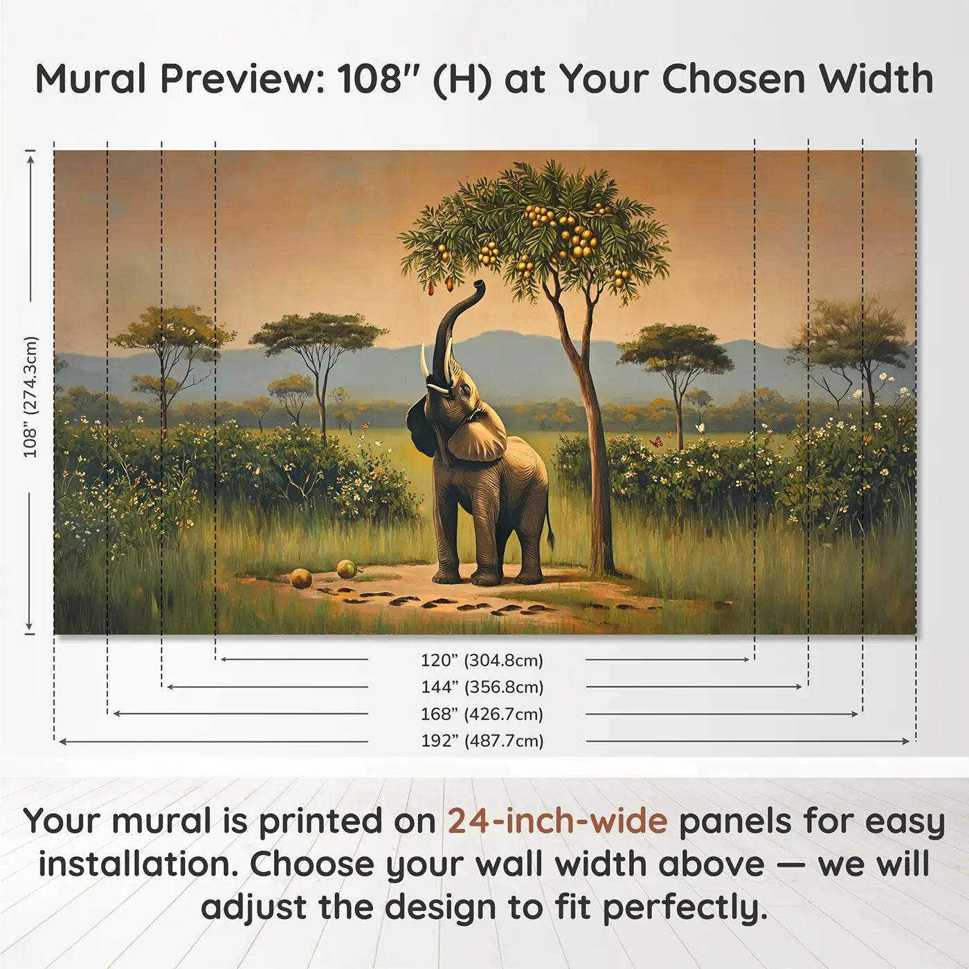Panel layout and dimensions for Reaching Elephant Fruit Tree Wallpaper Mural by Whimsy Tots